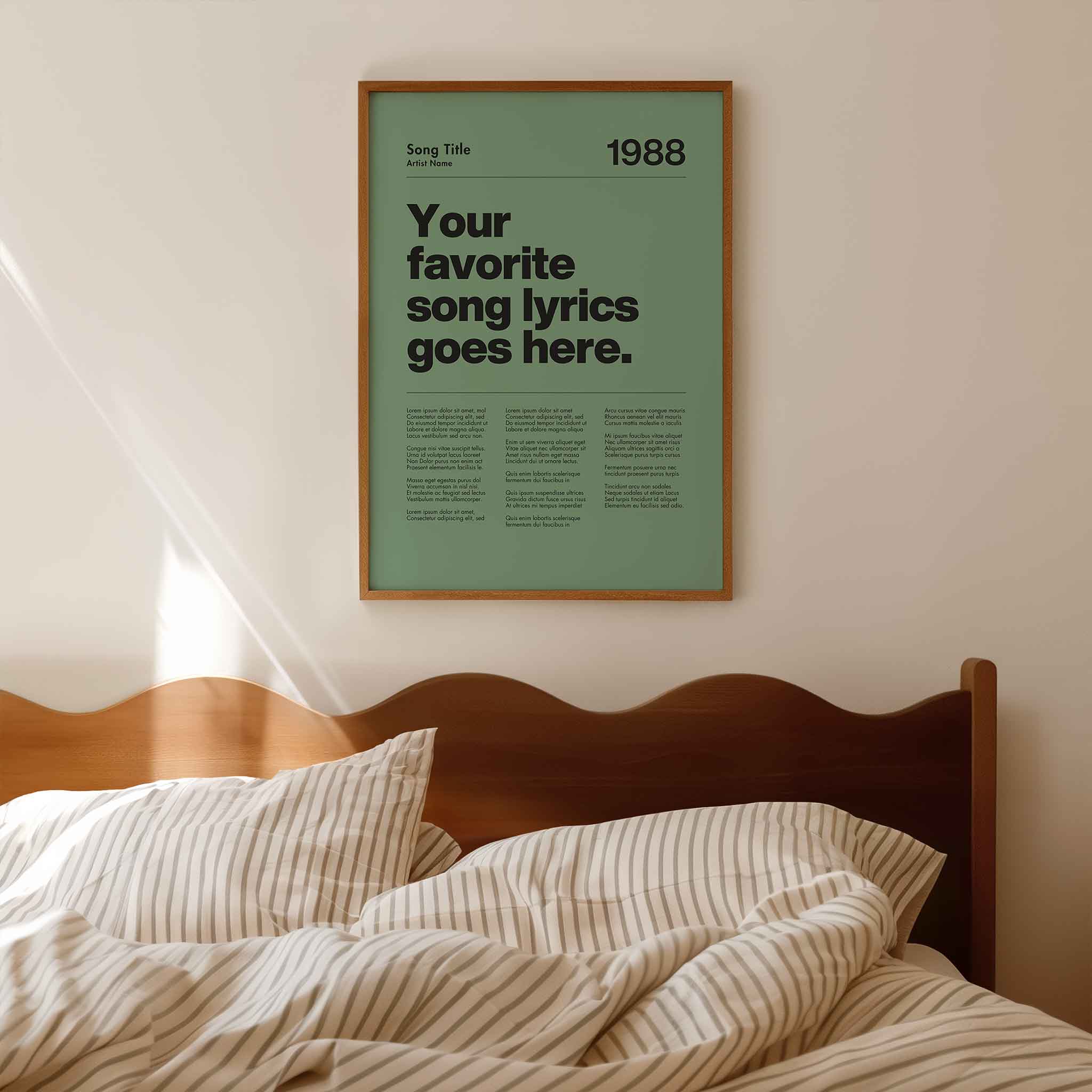 a poster hanging on the wall above a bed