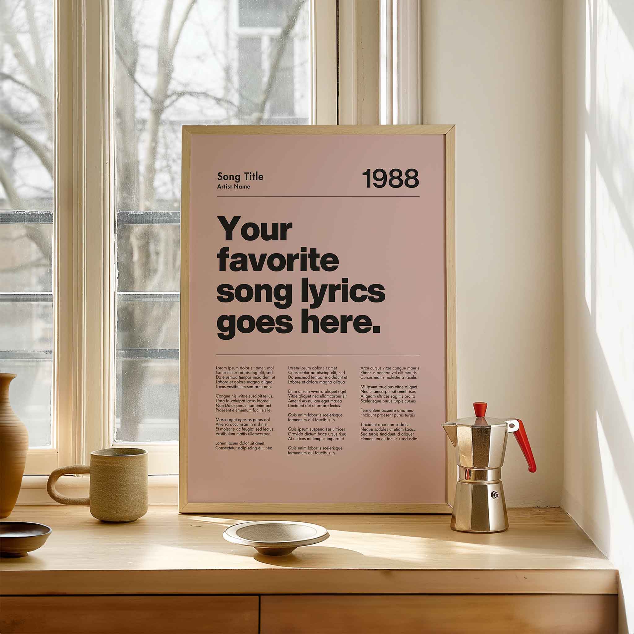 a poster sitting on top of a table next to a window
