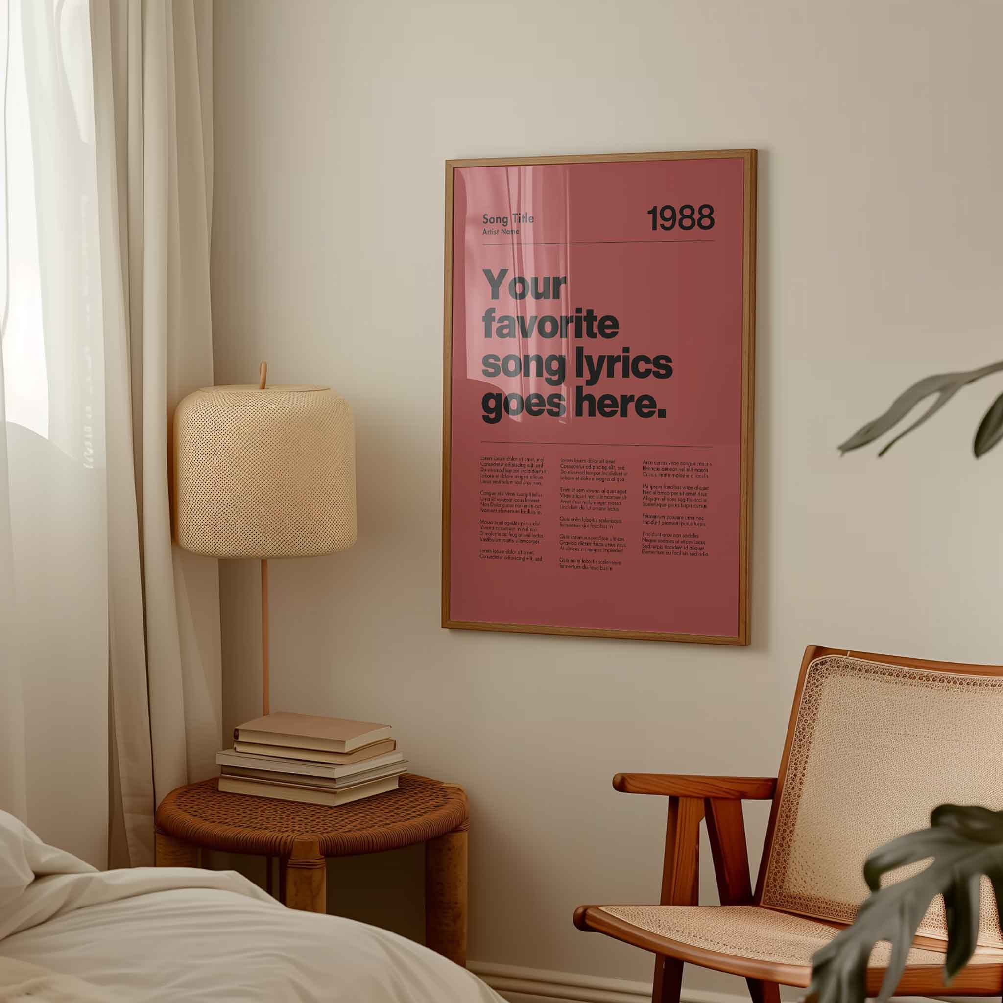 a bedroom with a poster on the wall