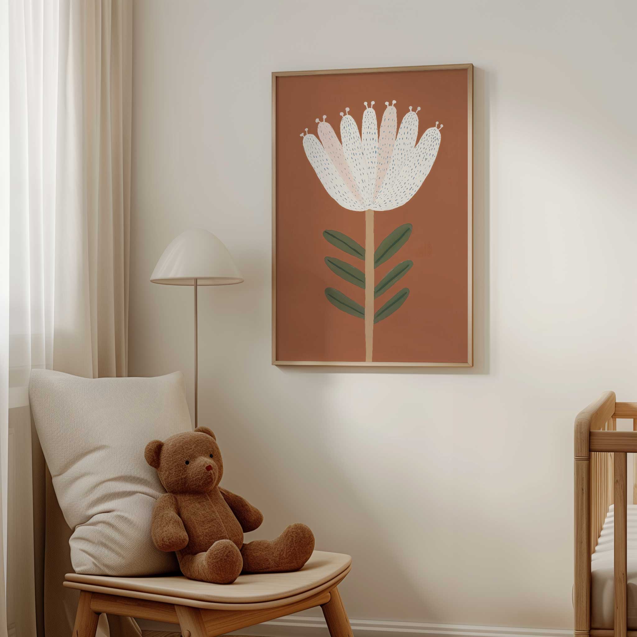 Charming Whimsical Bloom flower illustration, soft aesthetic print for nature-inspired playroom