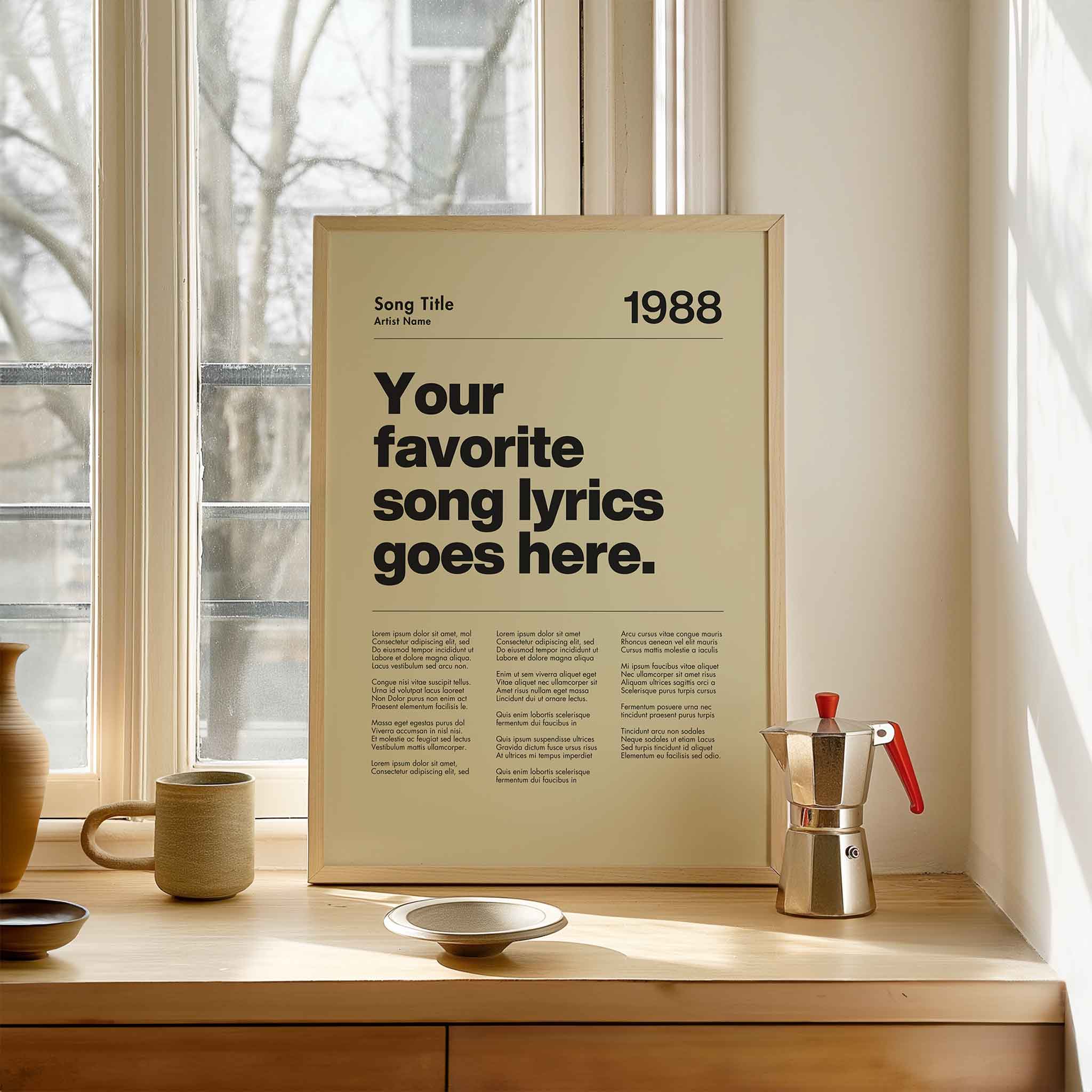 a poster on a window sill next to a cup and saucer