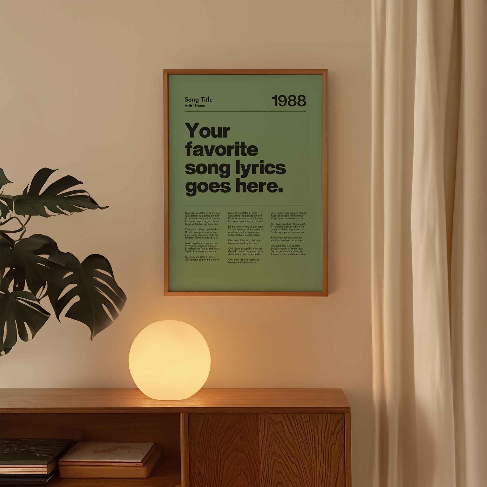 a poster hanging on a wall next to a plant