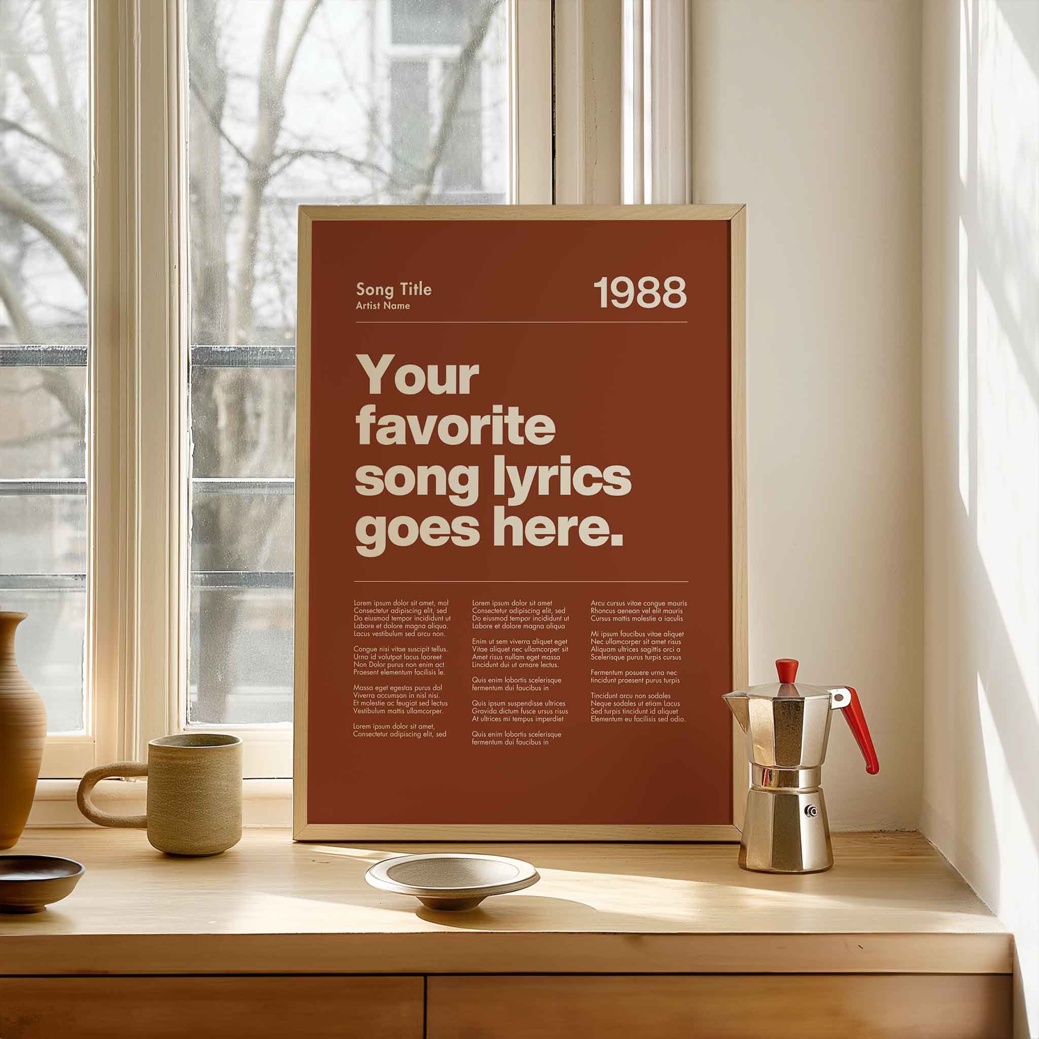 a poster sitting on top of a table next to a window