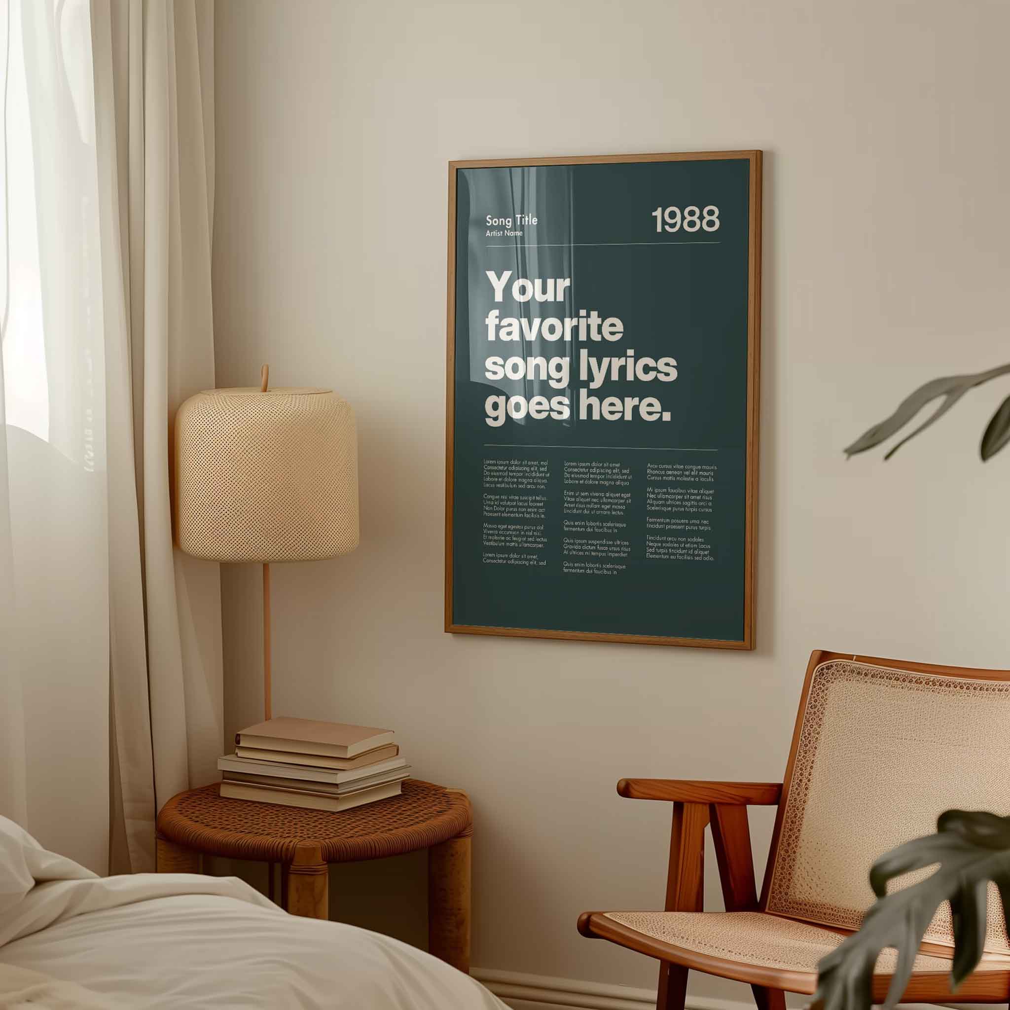 a bedroom with a poster on the wall