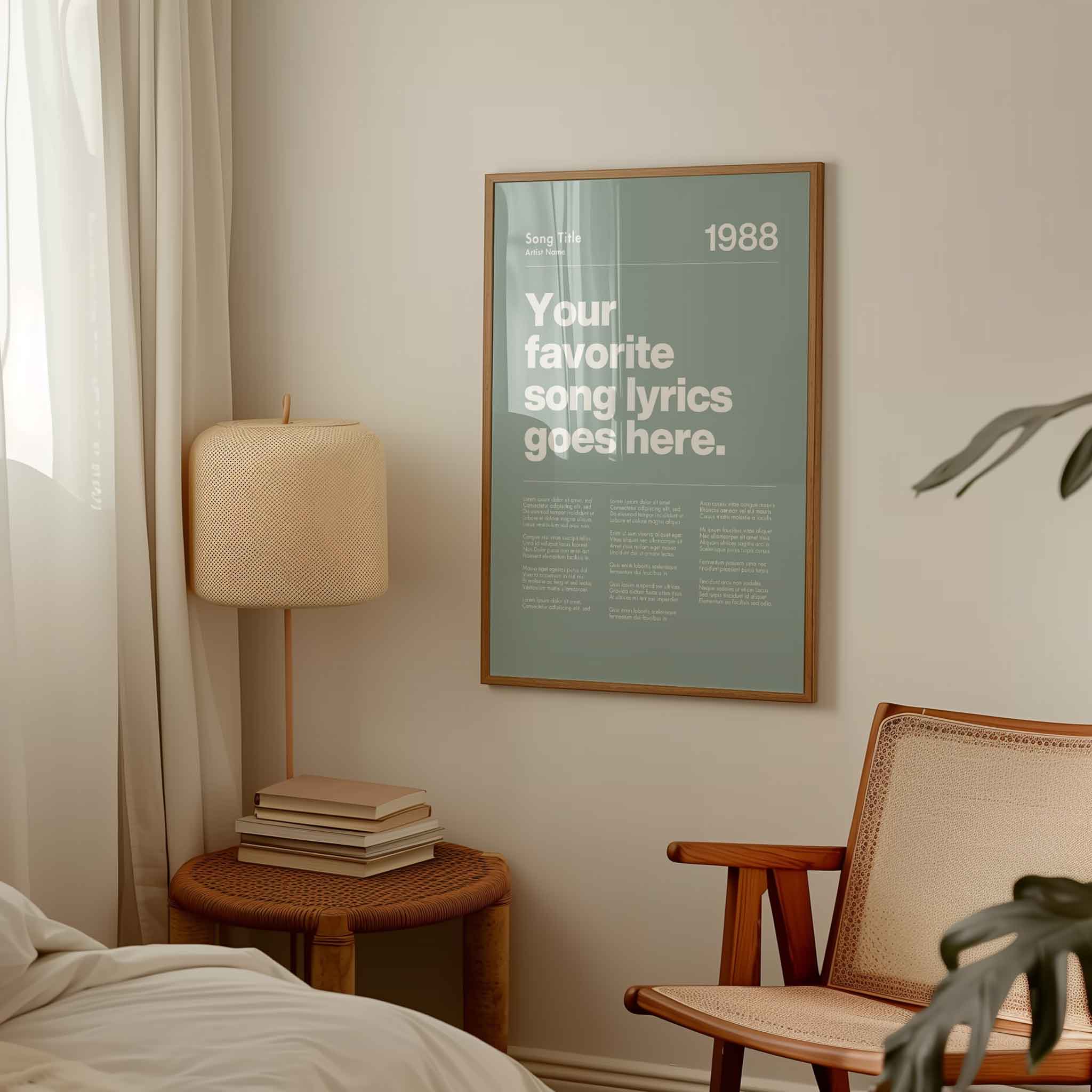 a bedroom with a poster hanging on the wall