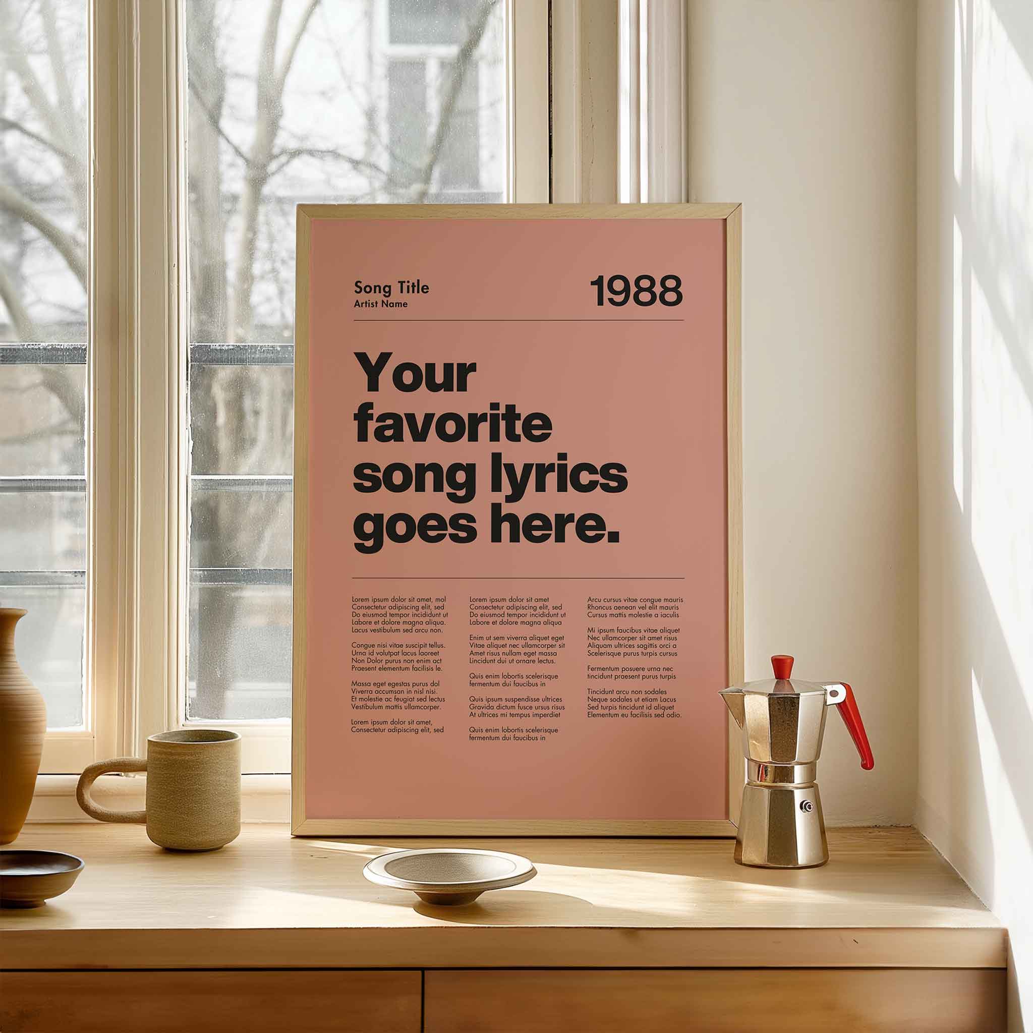 a pink poster sitting on top of a wooden table