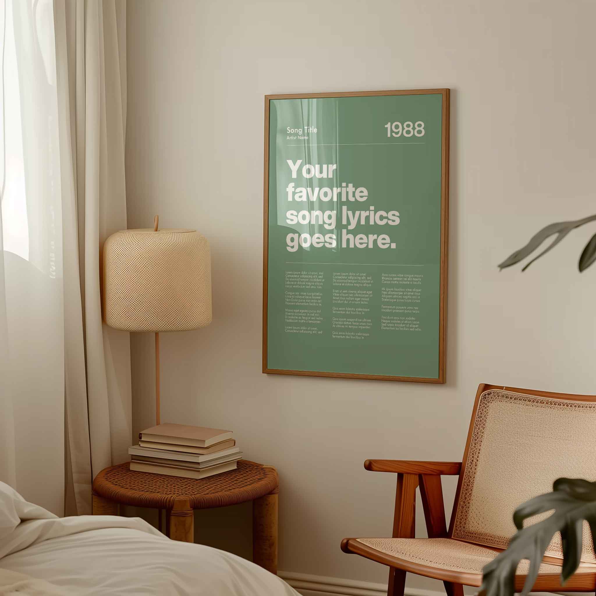 a bedroom with a poster on the wall