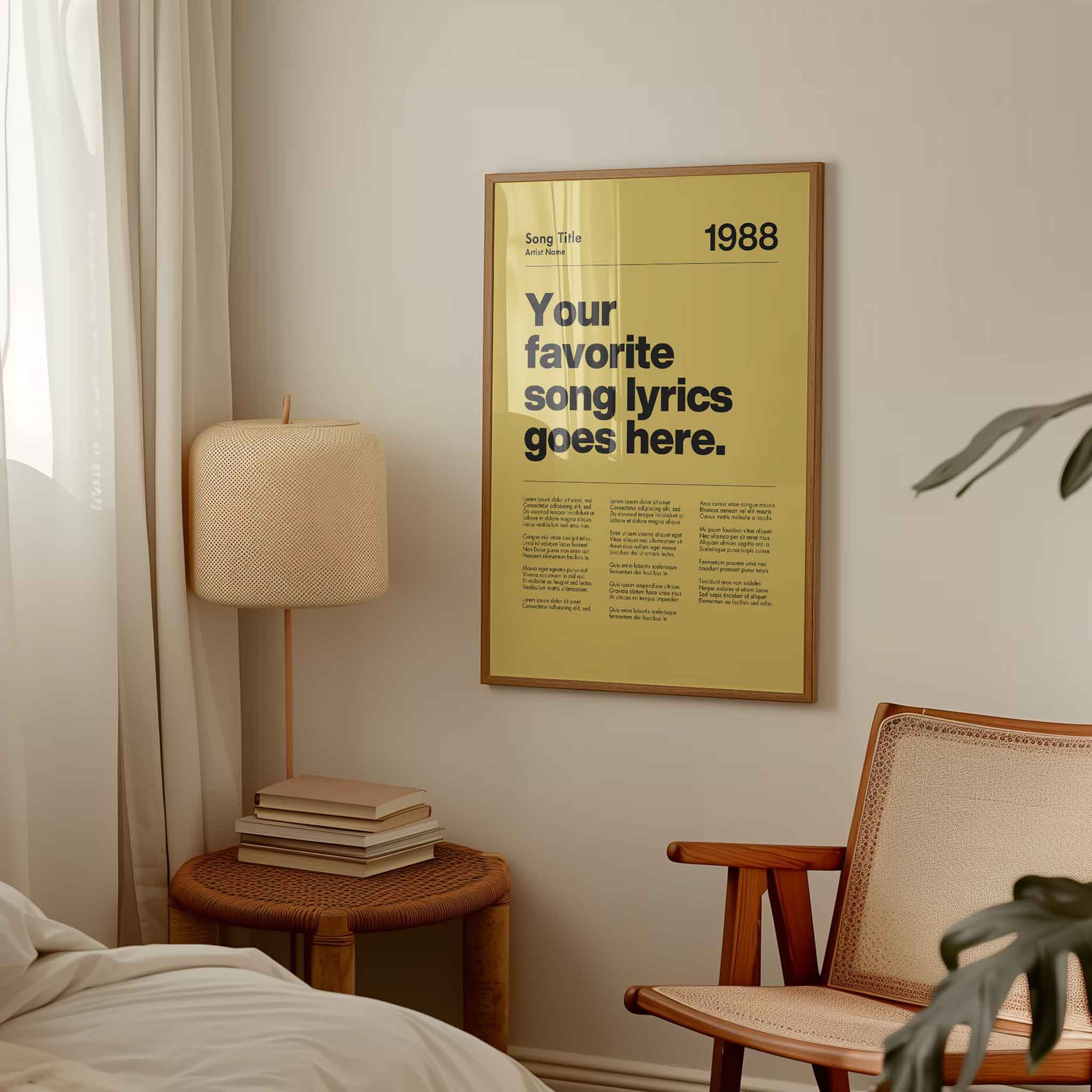 a bedroom with a poster on the wall