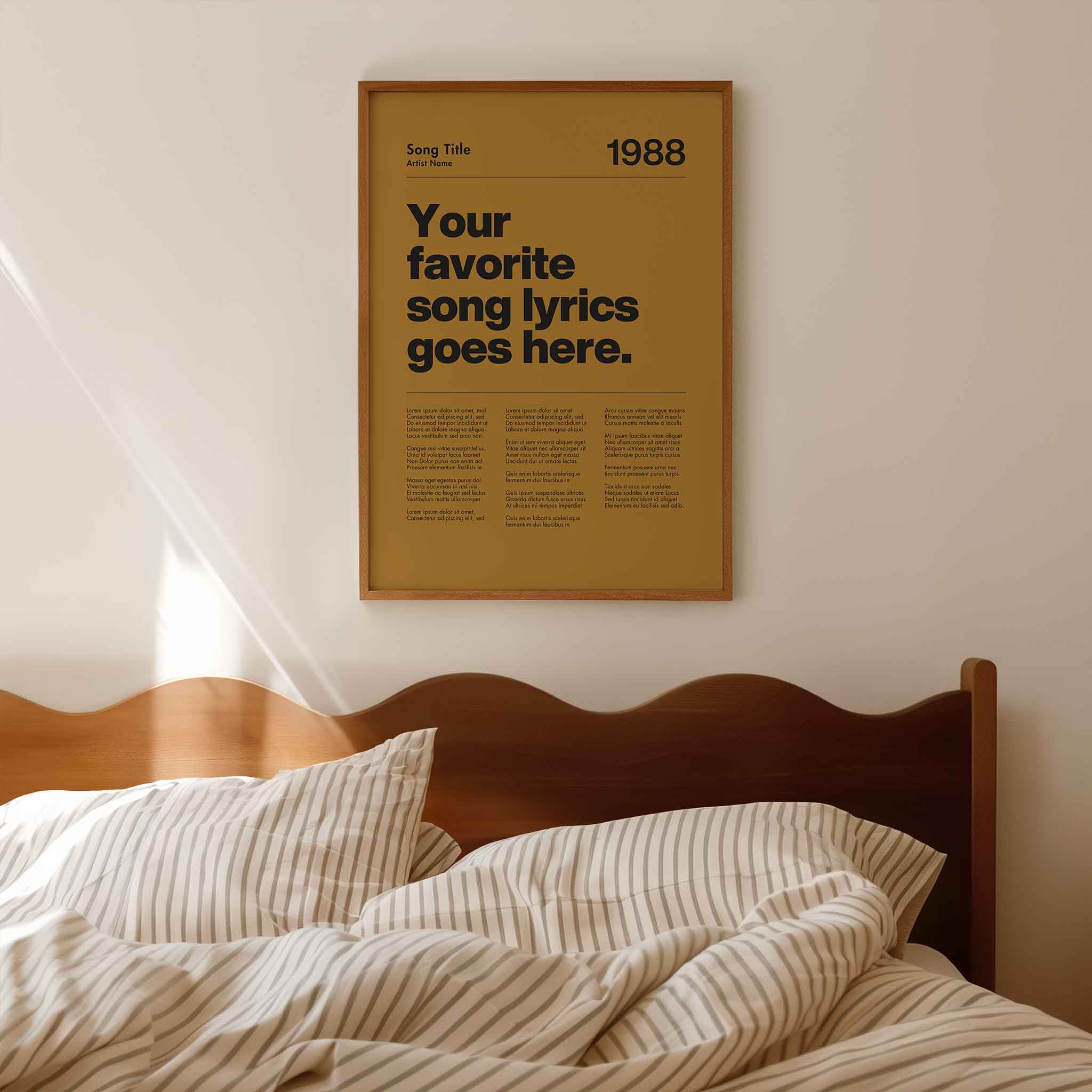 a poster hanging on the wall above a bed