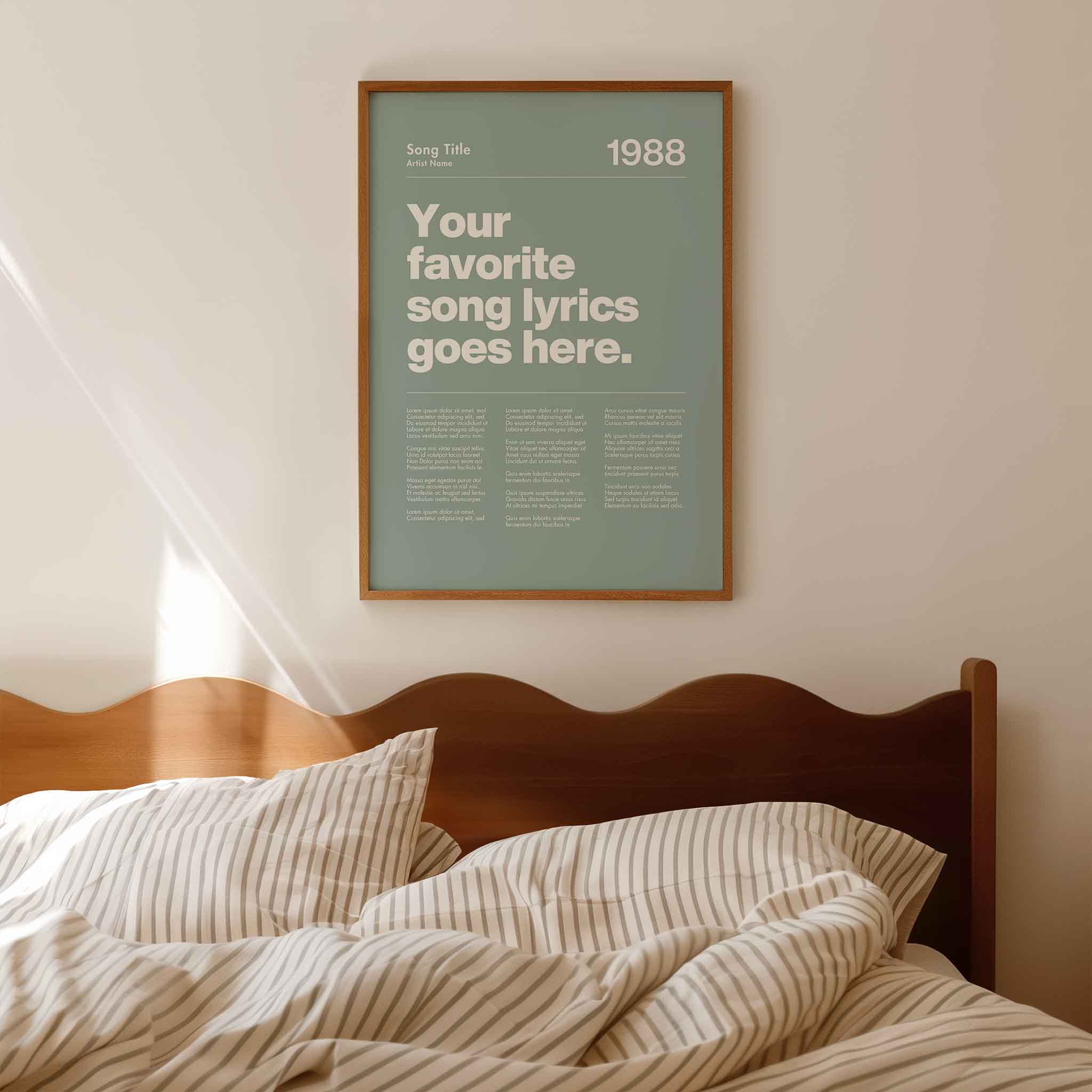 a bed with a poster above it that says your favorite song lyrics goes here