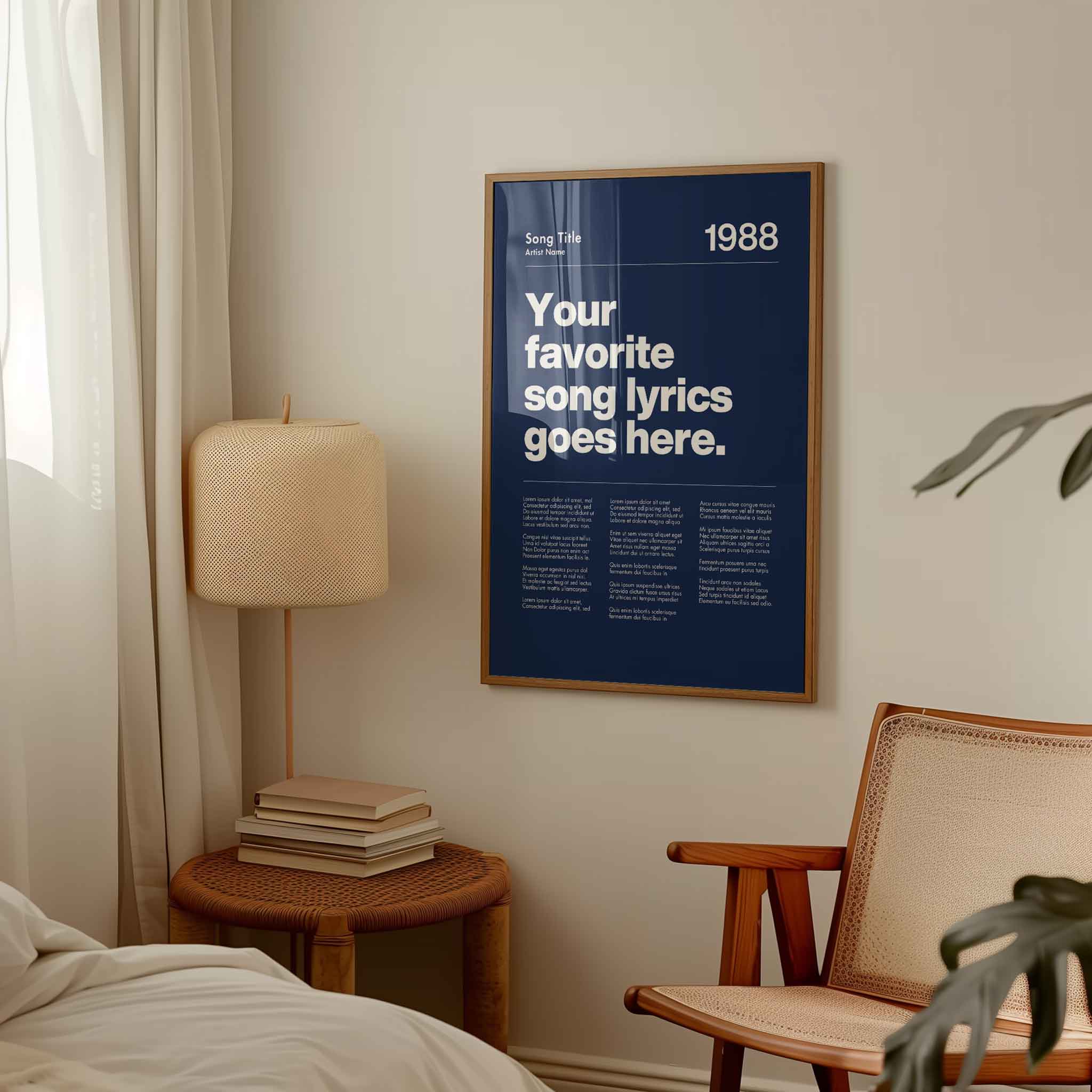 a poster hanging on a wall above a bed