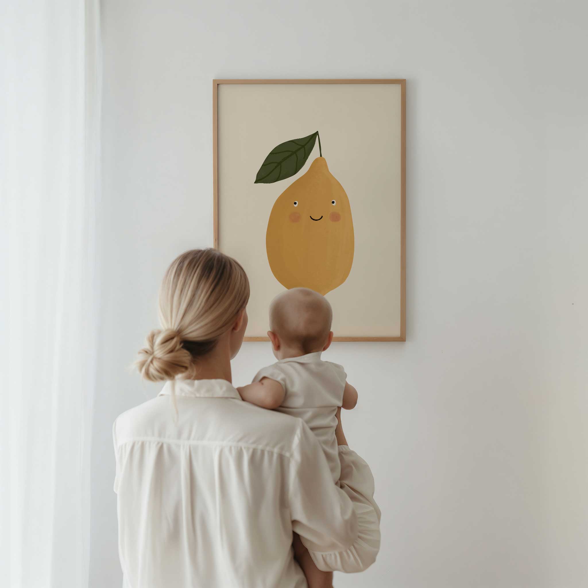 Bright Smiling Lemon illustration, cheerful modern wall art for sunny playroom or nursery