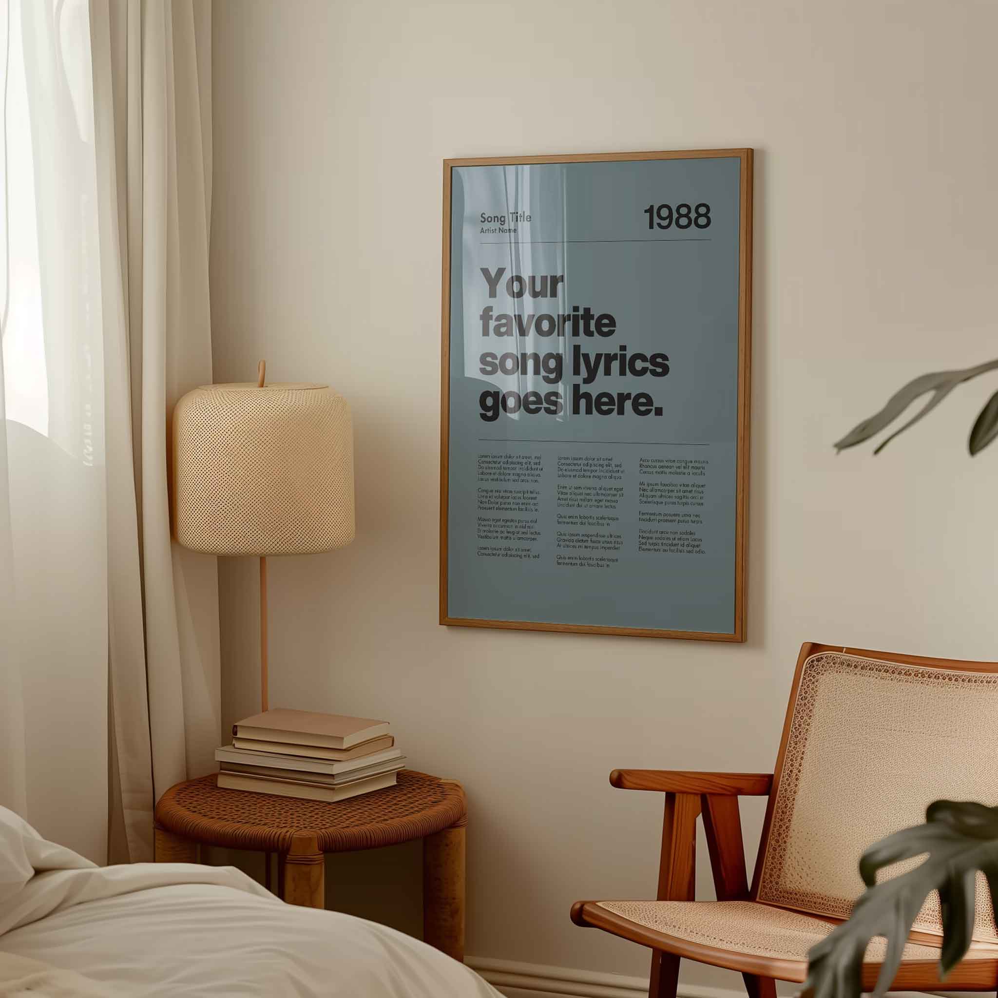 a bedroom with a poster hanging on the wall