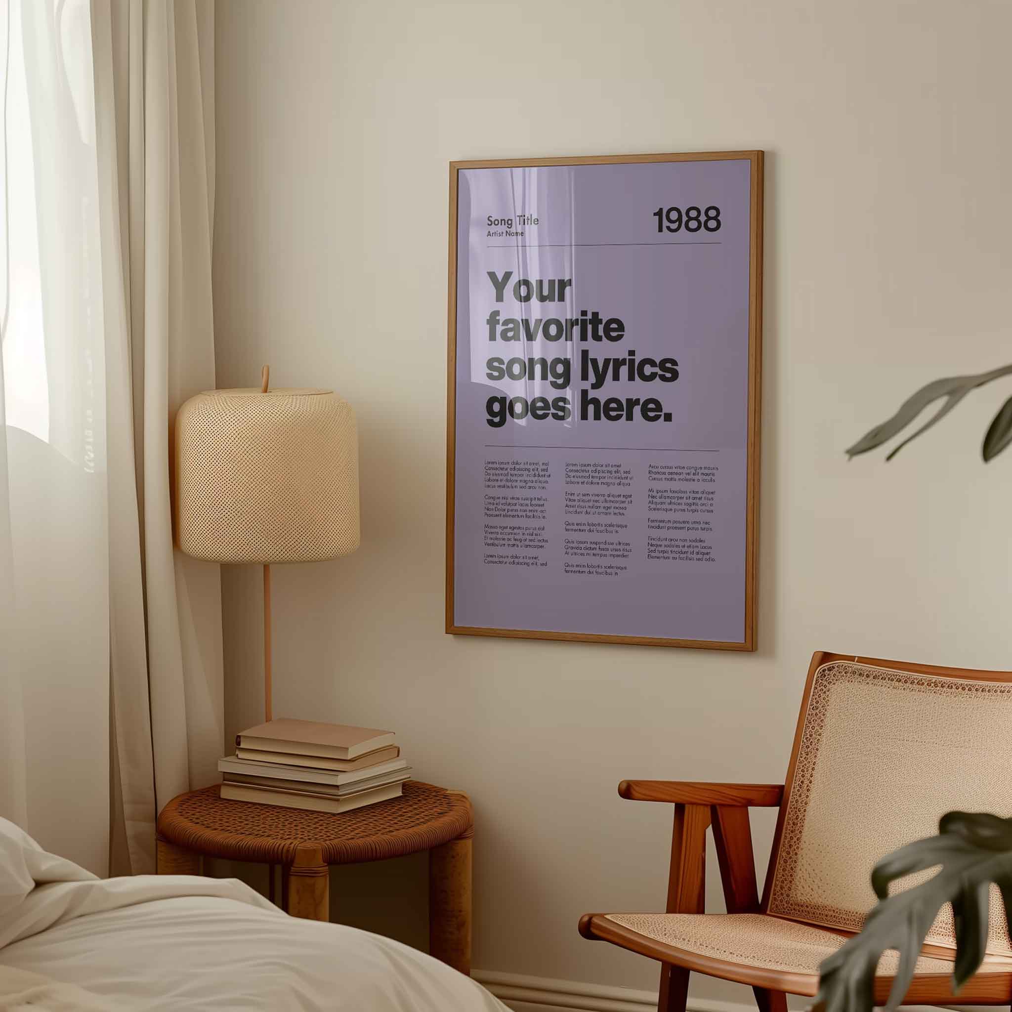 a bedroom with a poster hanging on the wall
