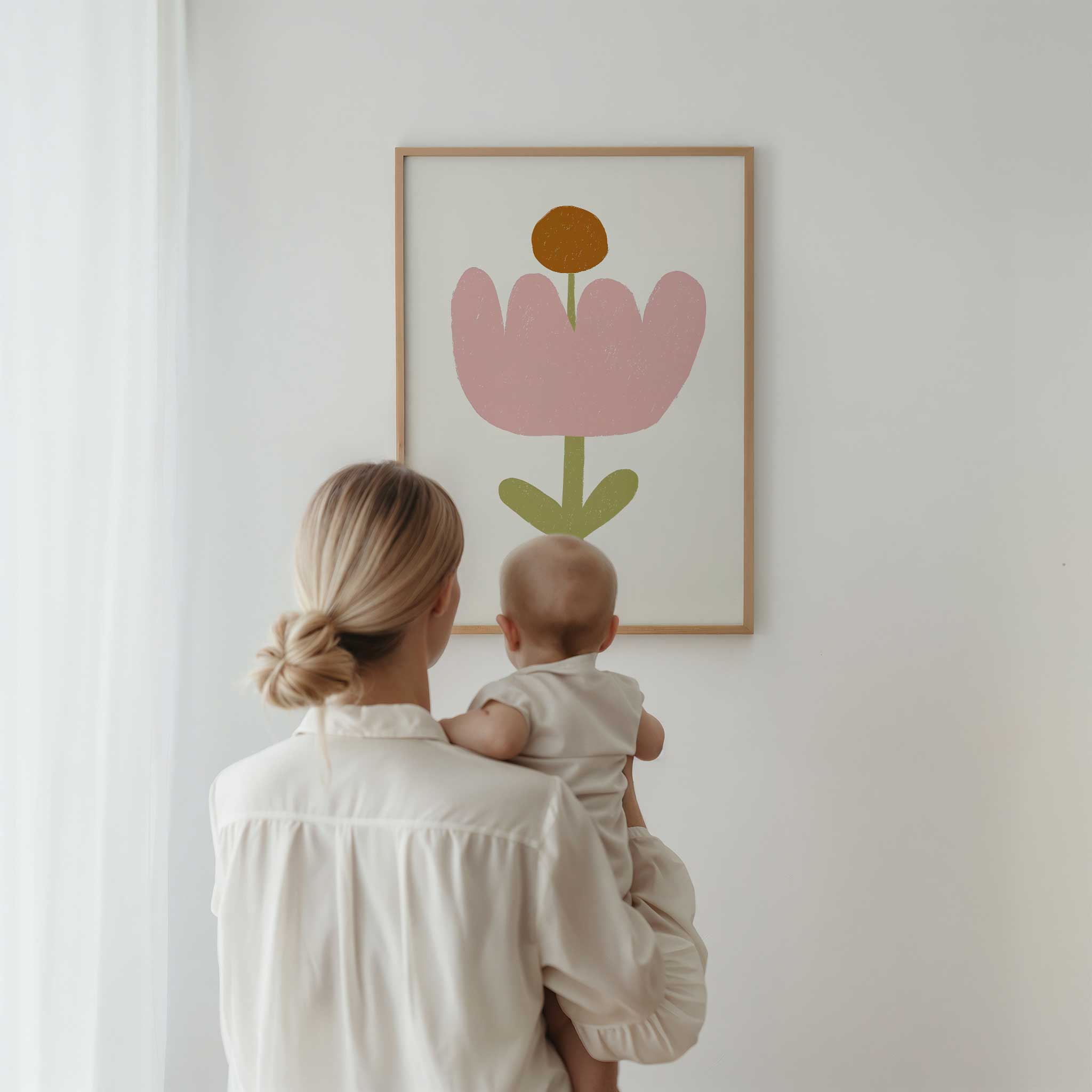 Sweet Pink Flower illustration, minimal charm aesthetic print for calming playroom decor