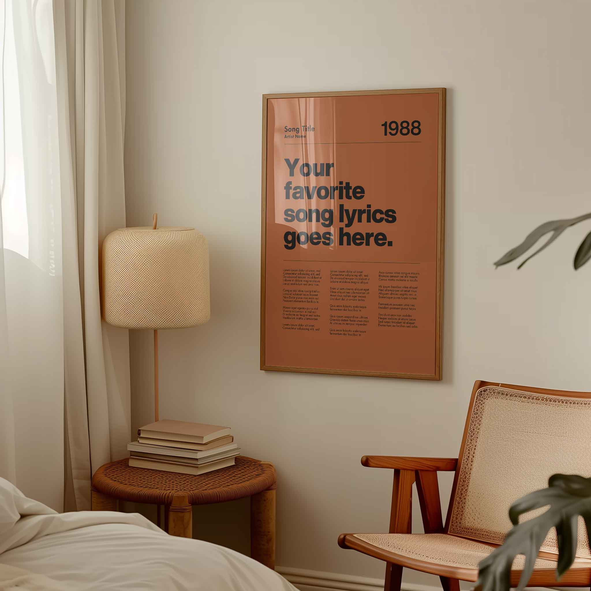 a bedroom with a poster on the wall