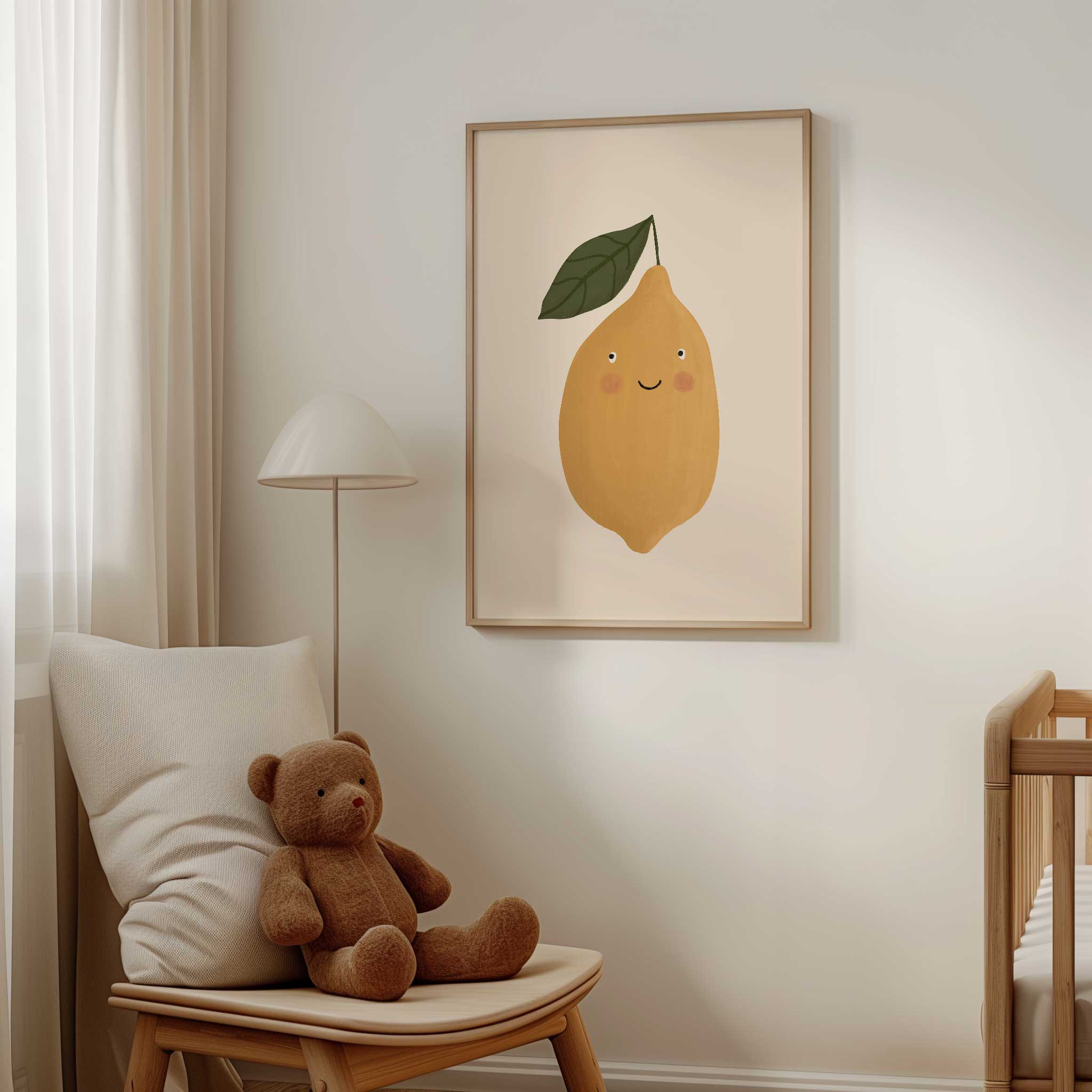 Bright Smiling Lemon illustration, cheerful modern wall art for sunny playroom or nursery