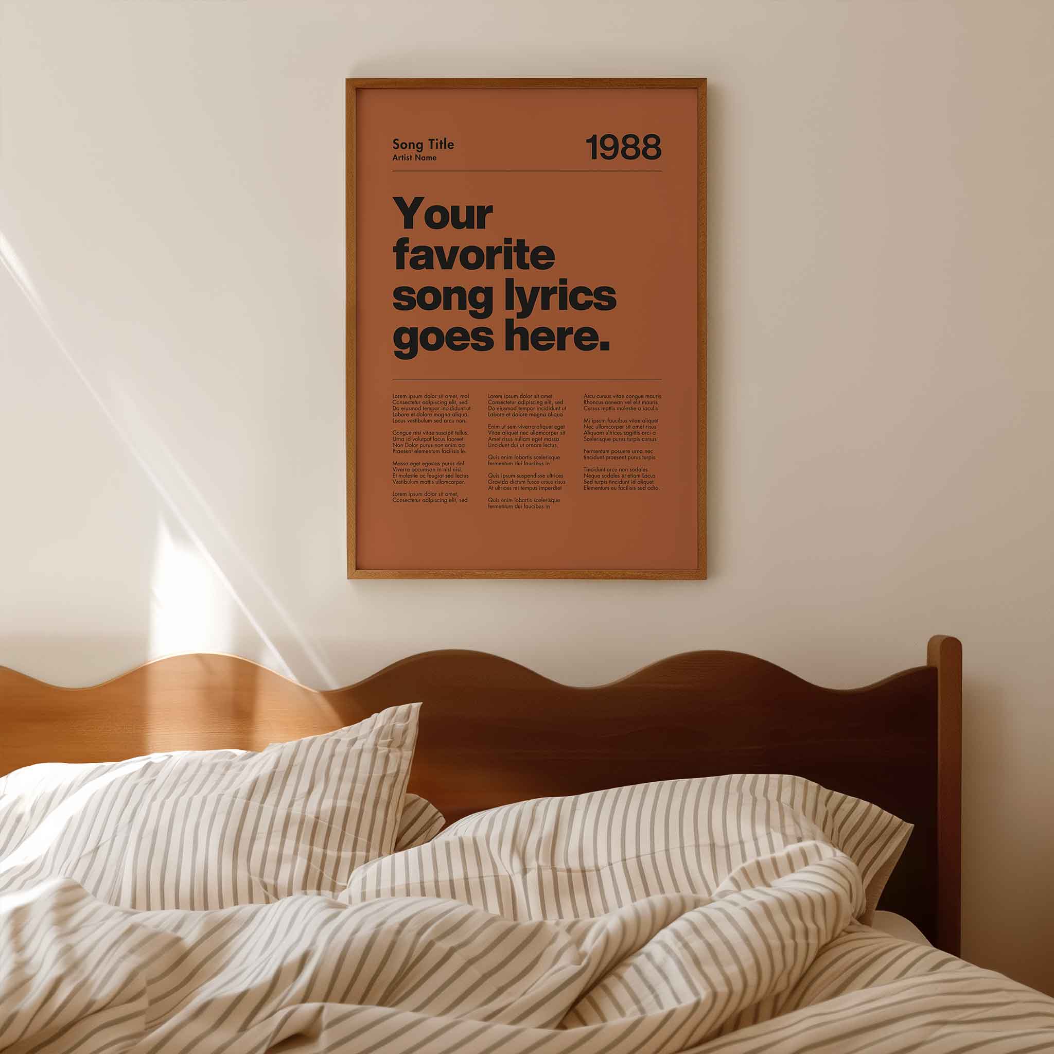 a poster hanging on the wall above a bed
