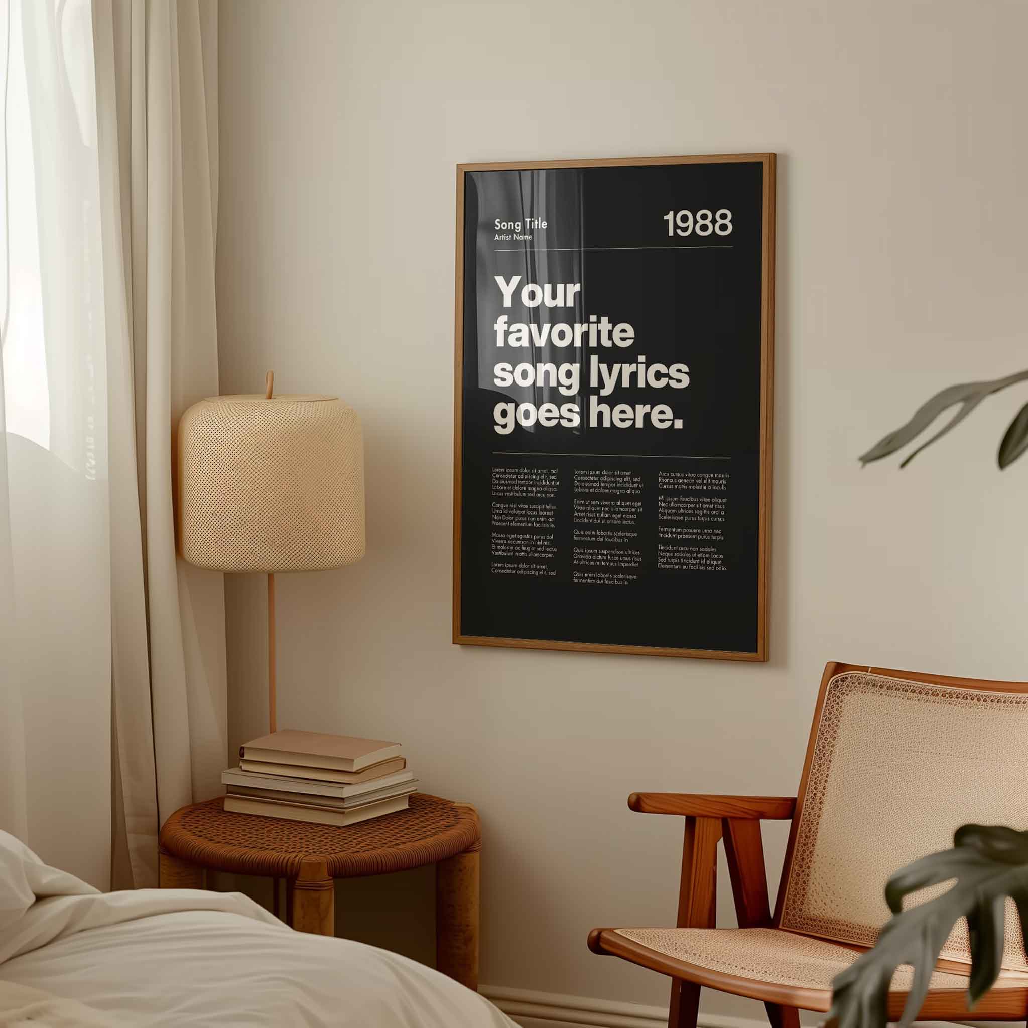 a bedroom with a poster on the wall