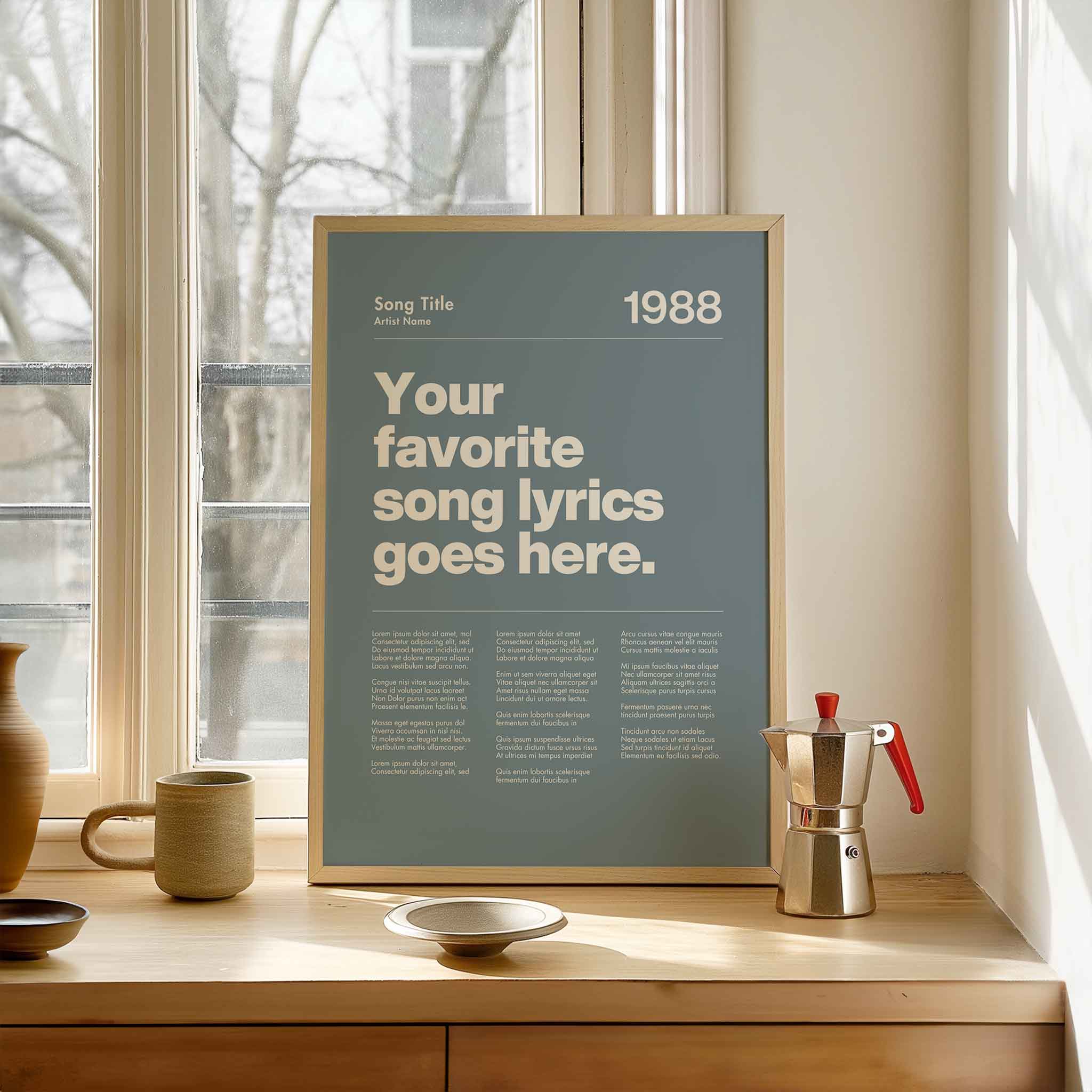 a poster sitting on top of a table next to a window