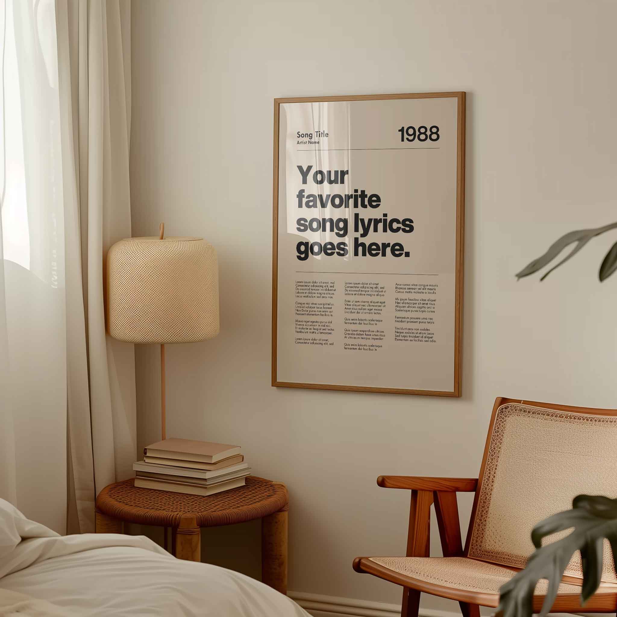 a bedroom with a poster hanging on the wall