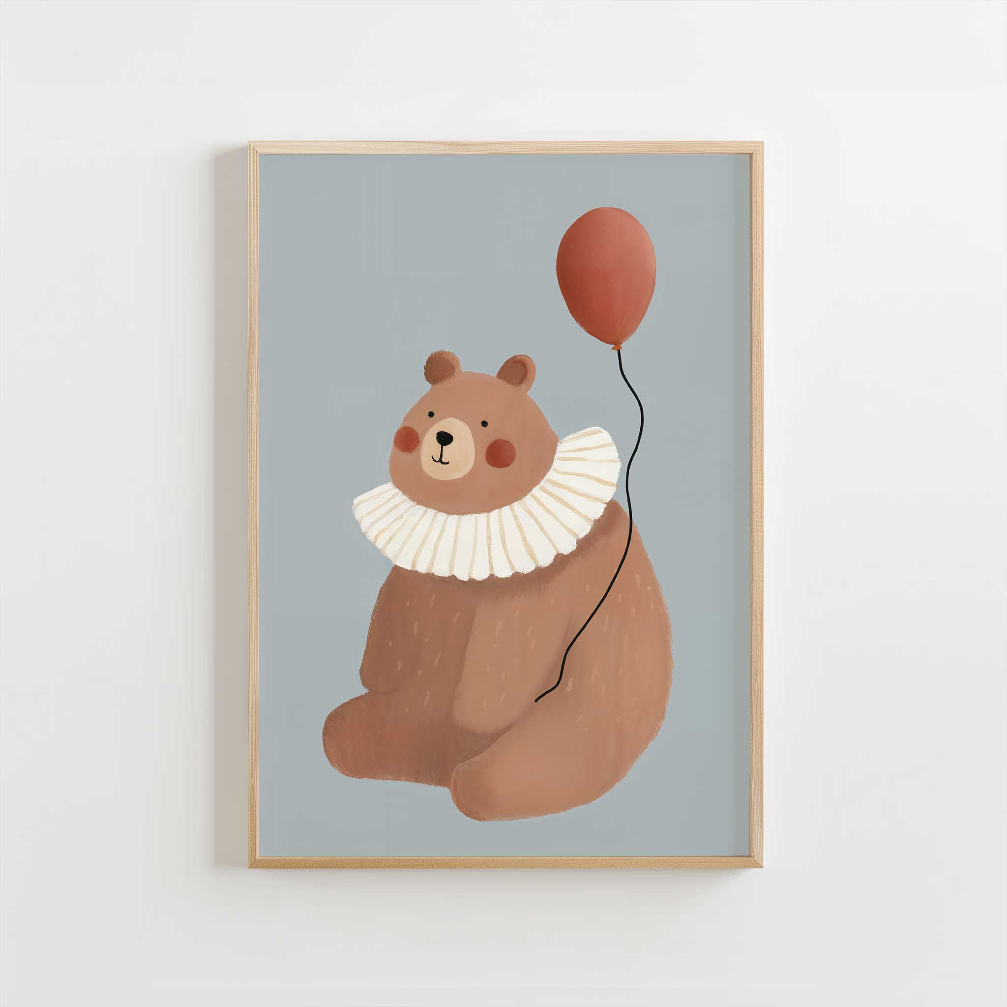 Sweet Brown Bear with Red Balloon and ruffles, charming modern wall art for birthday themed playroom