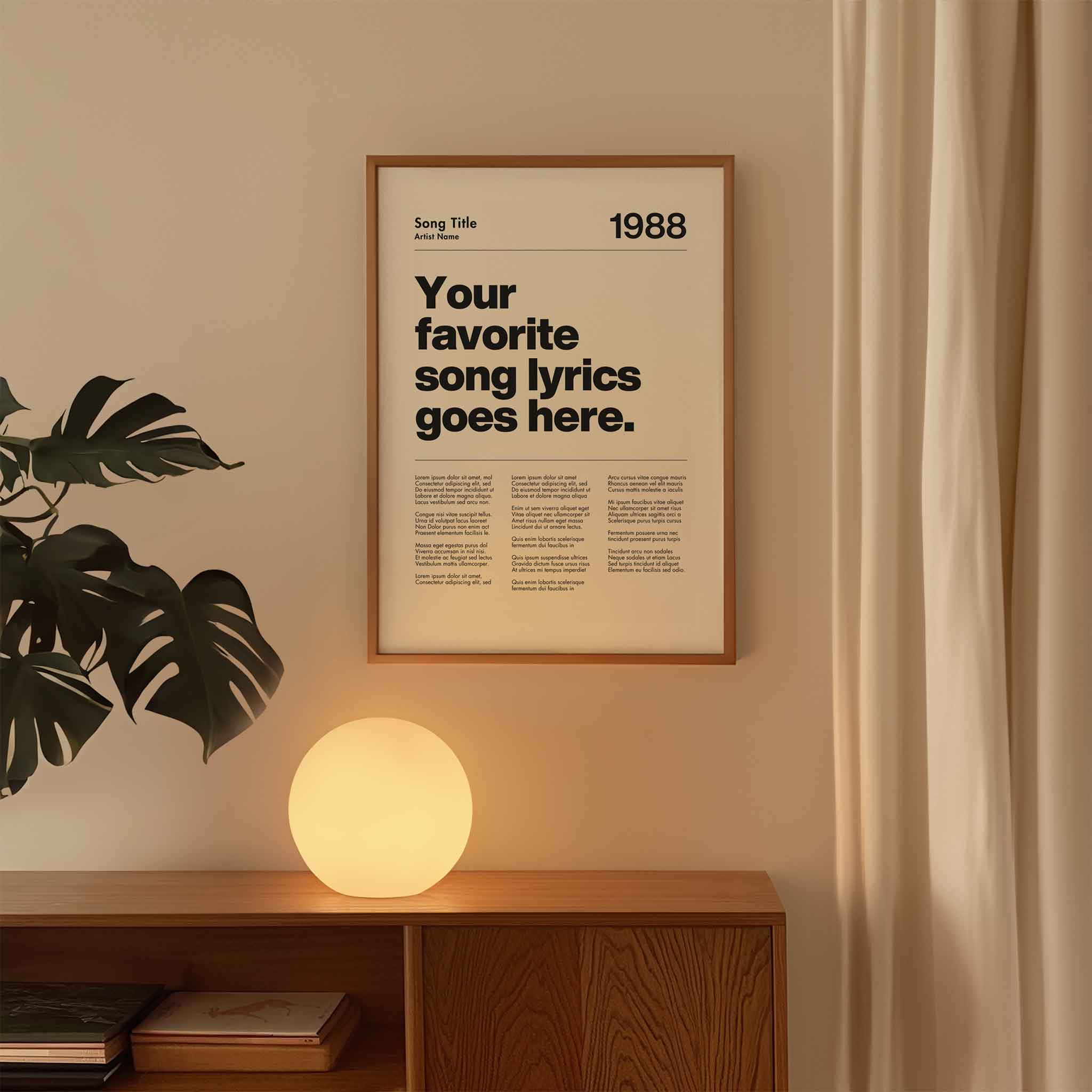 a poster hanging on a wall next to a plant