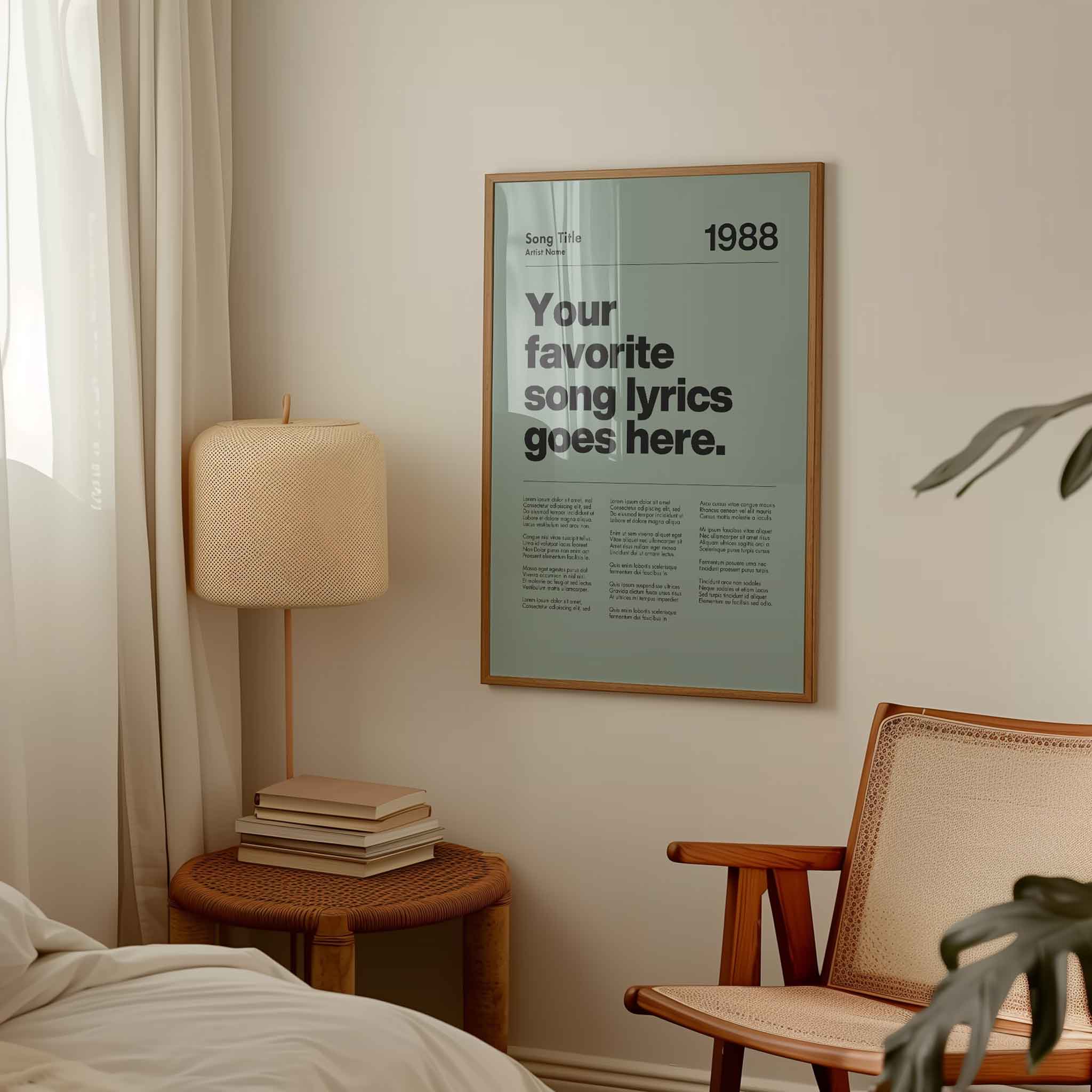 a bedroom with a poster hanging on the wall