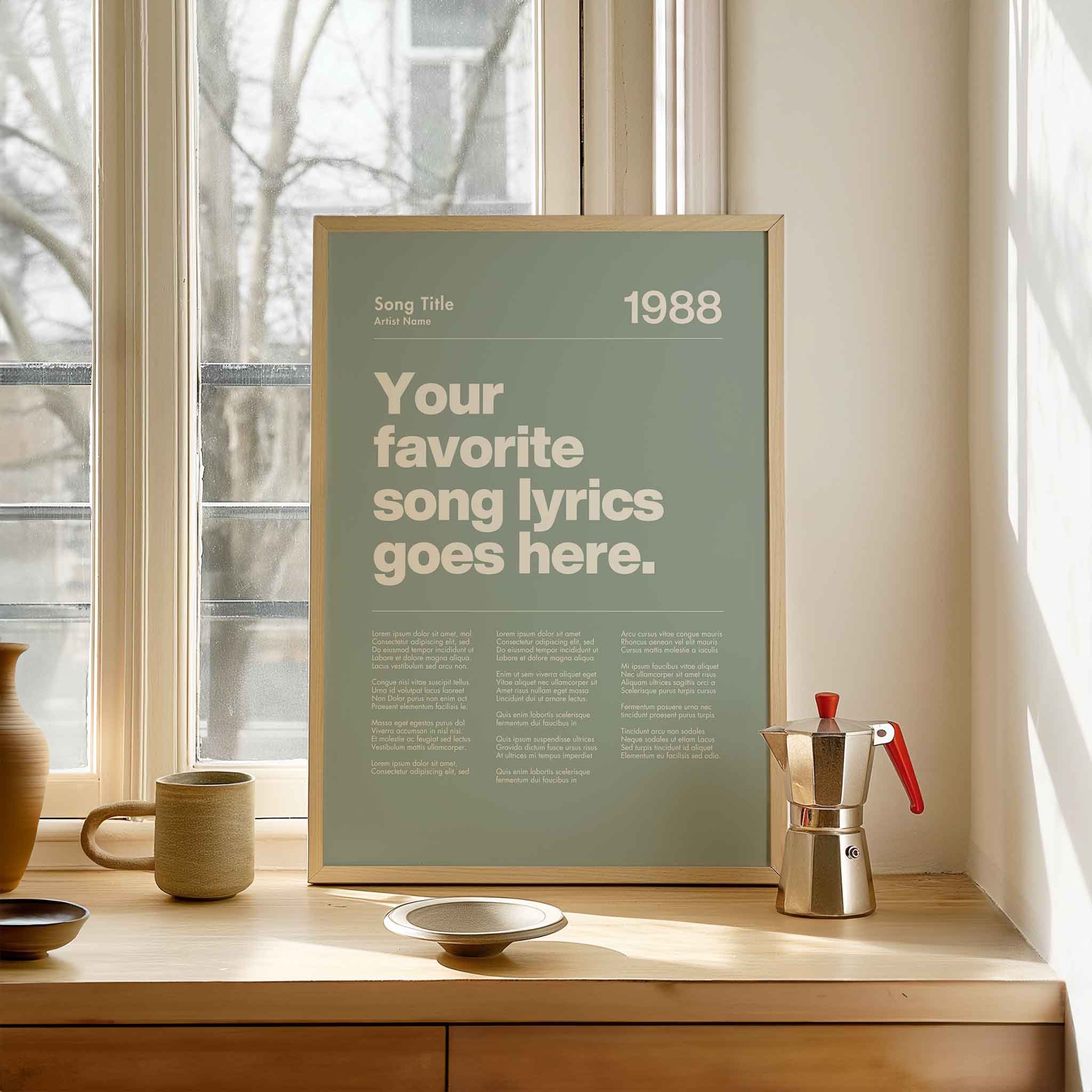 a poster sitting on top of a table next to a window