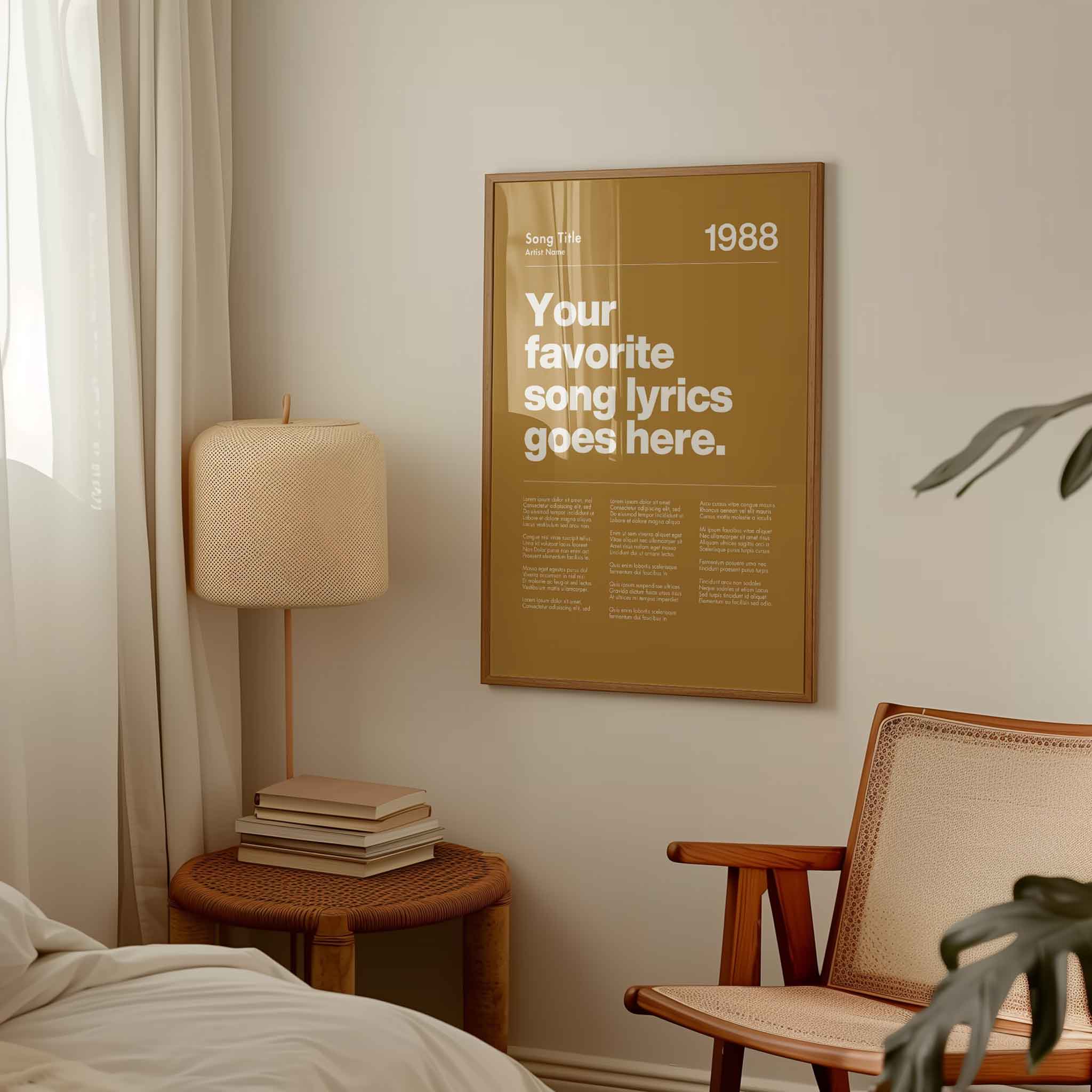 a bedroom with a poster on the wall