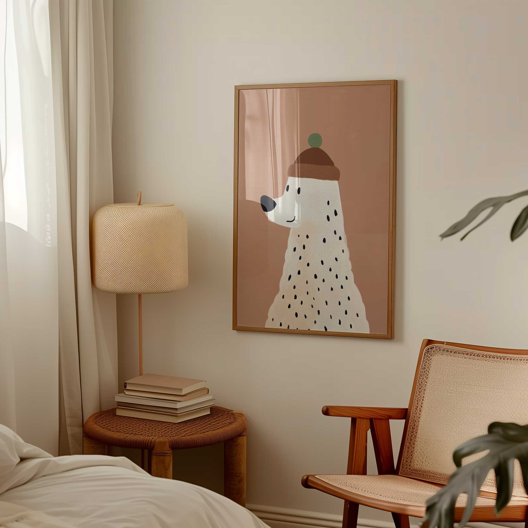 Cozy Winter Buddy Polar Bear in beanie, charming aesthetic print for winter themed nursery