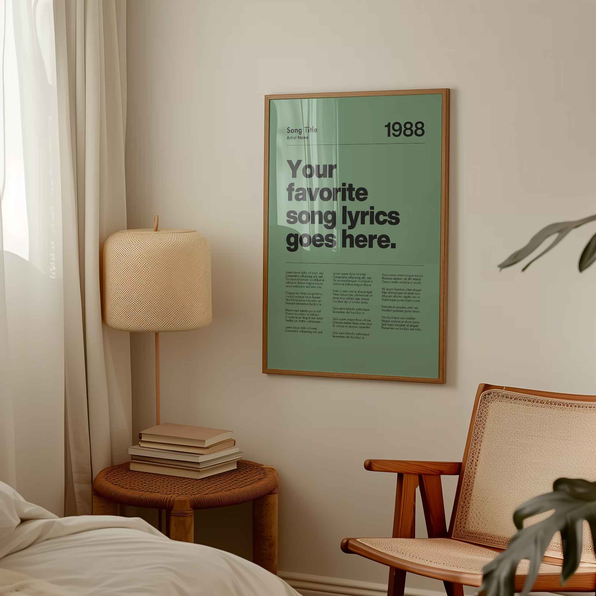 a bedroom with a poster hanging on the wall
