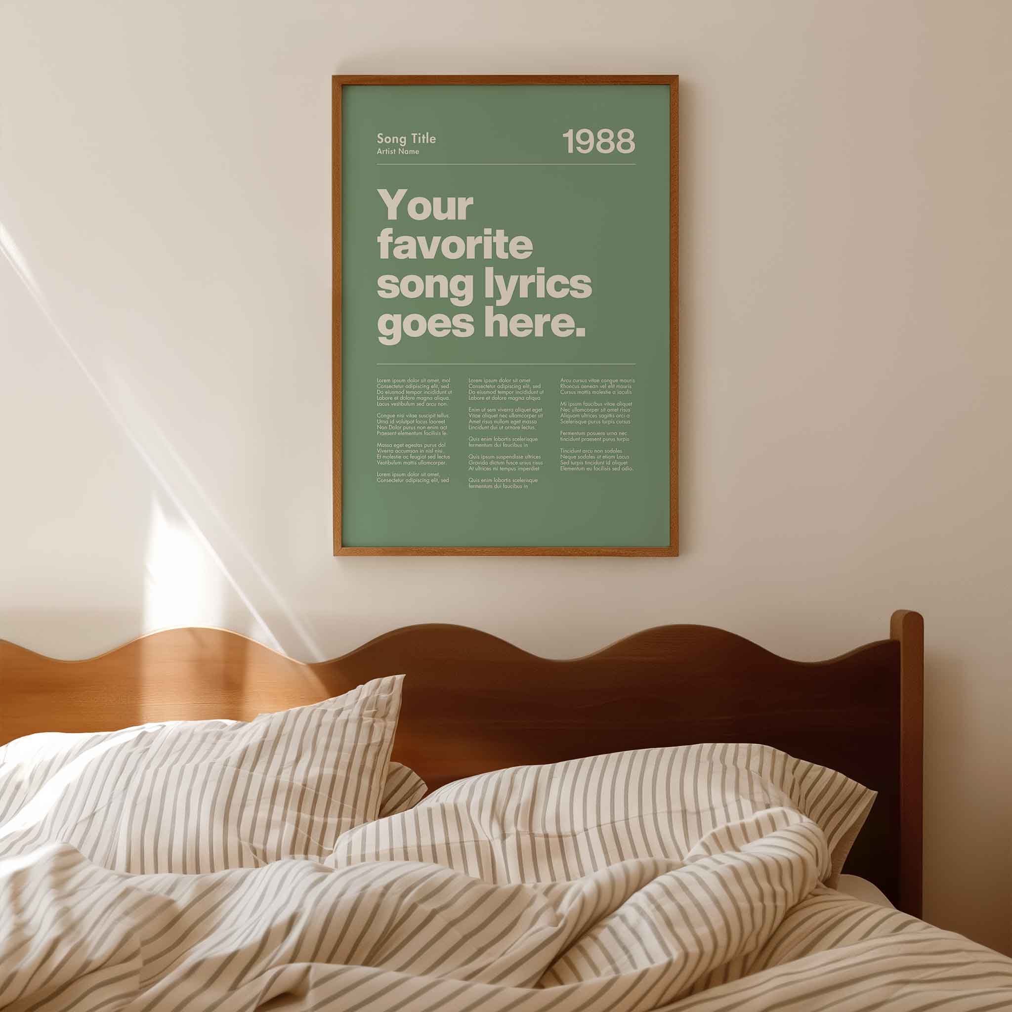 a poster hanging on the wall above a bed