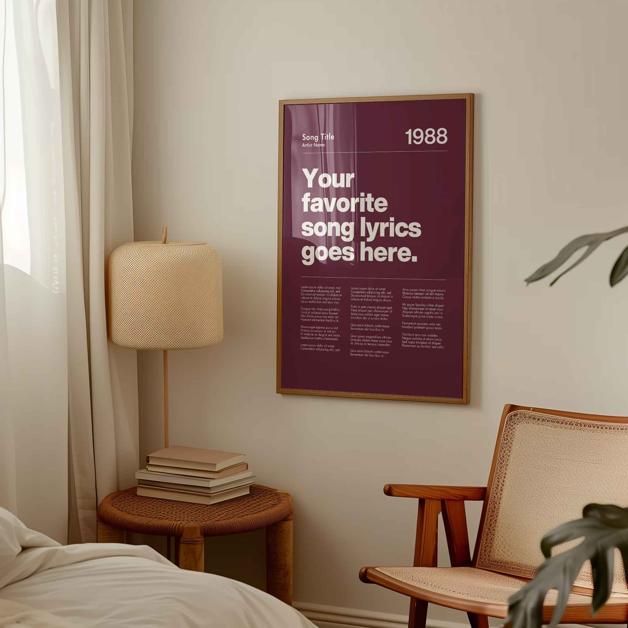 a bedroom with a poster hanging on the wall