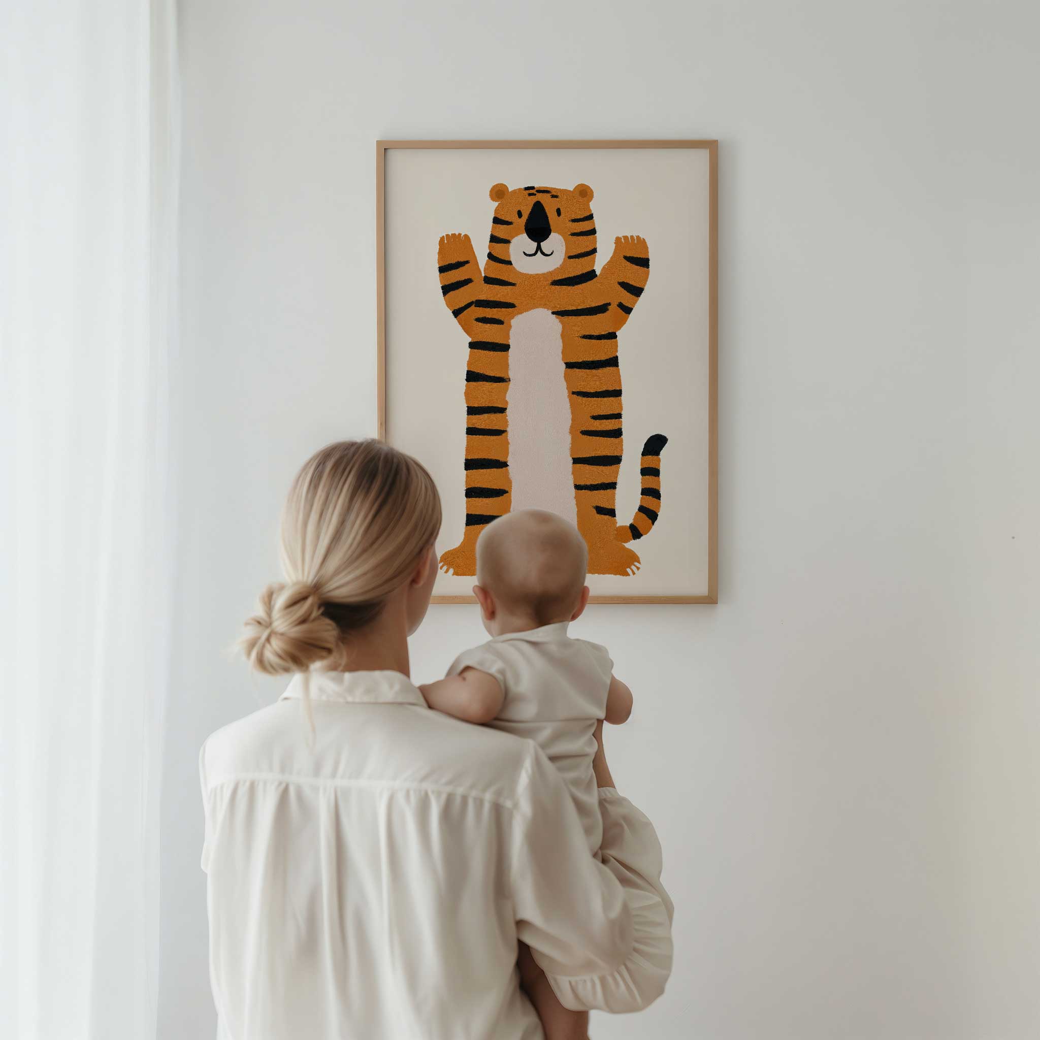 Playful Friendly Tiger kids illustration, bold modern wall art for adventurous character room