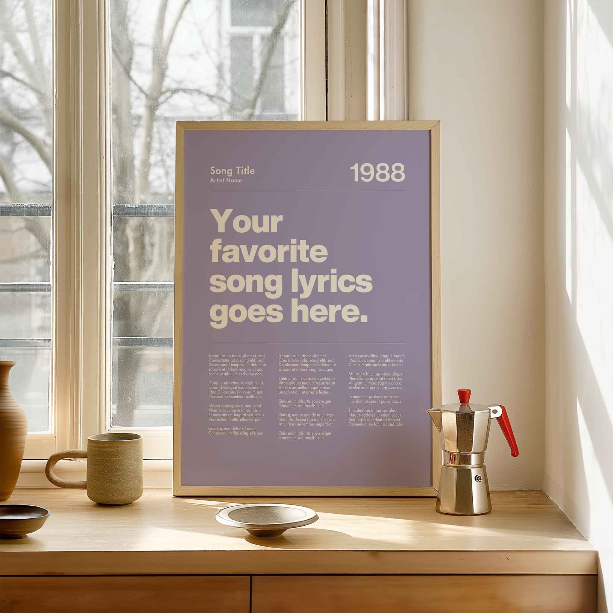 a poster sitting on top of a table next to a window