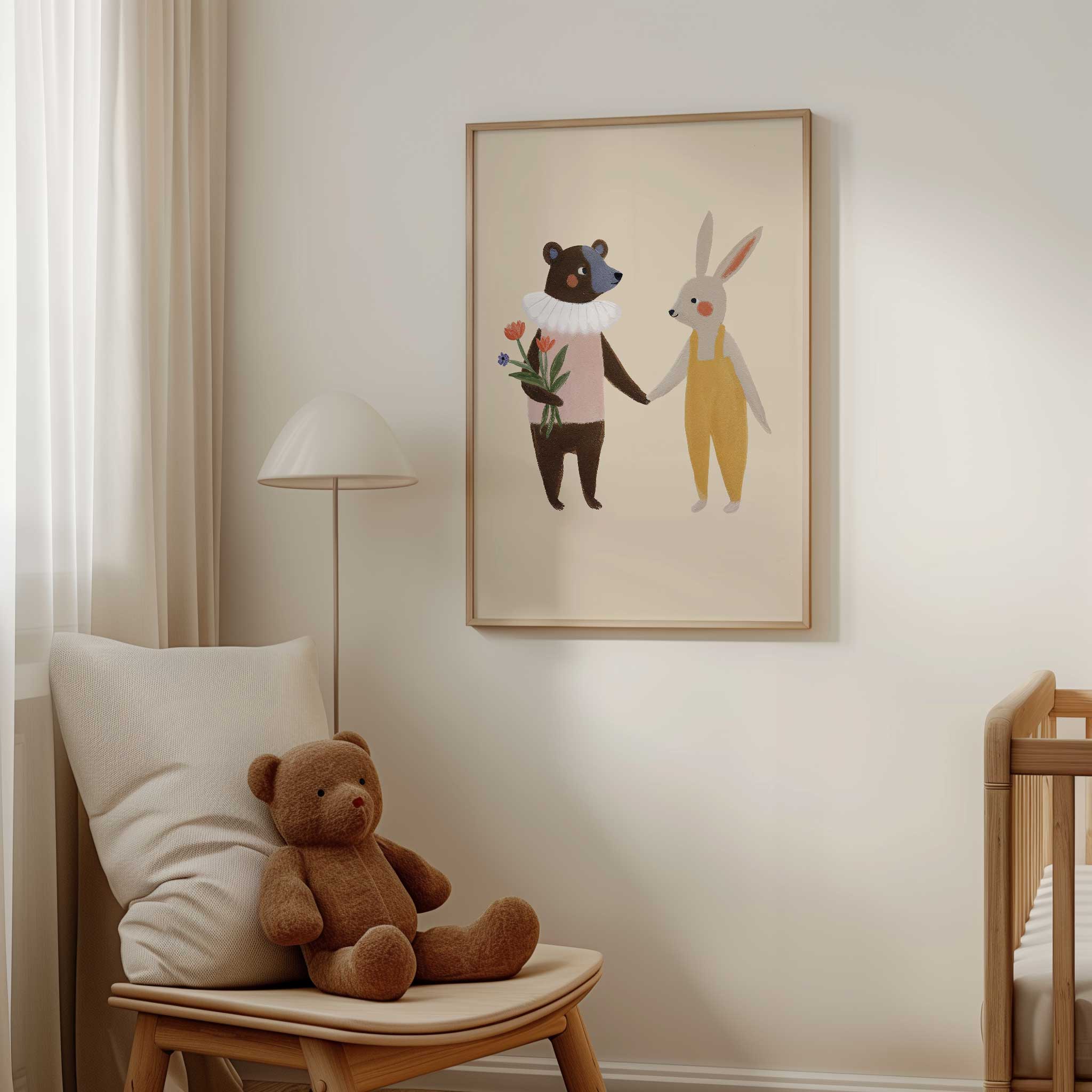 Heartwarming Bear and Bunny Friends illustration, minimalist print for sibling room decor