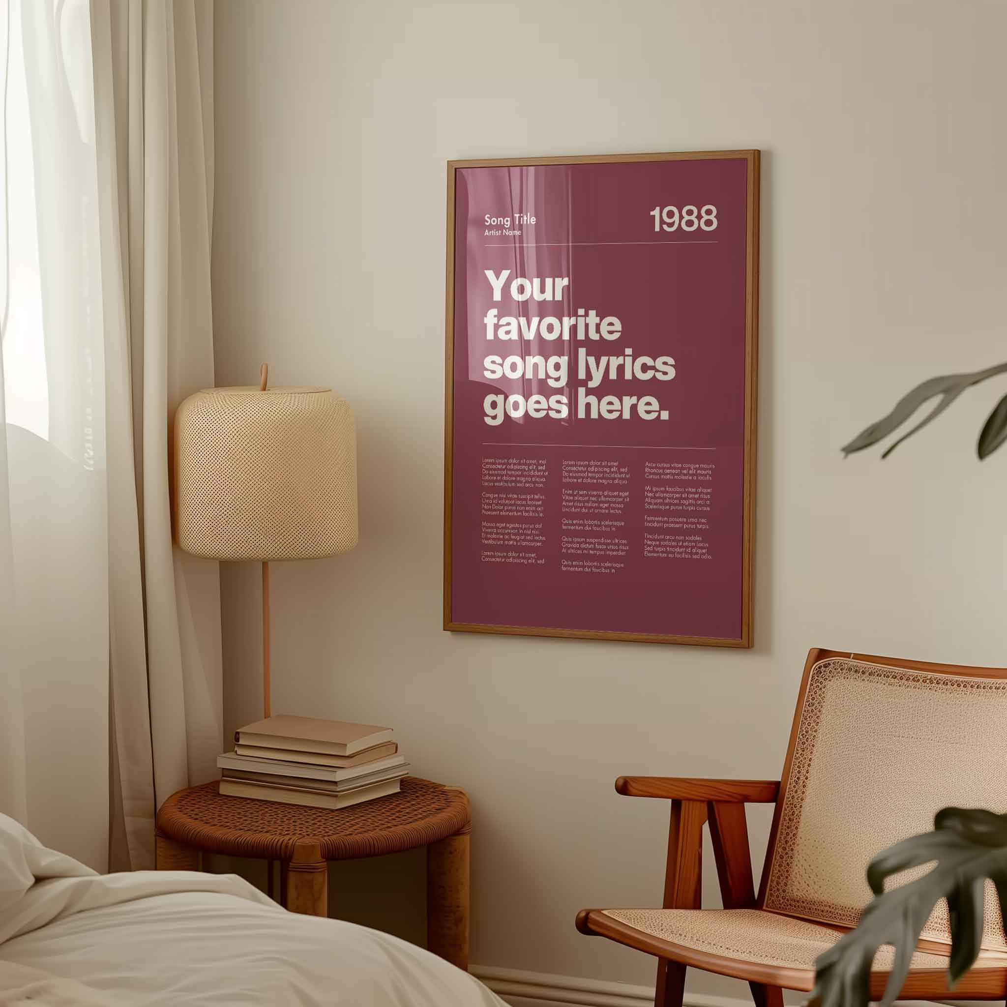 a bedroom with a poster hanging on the wall
