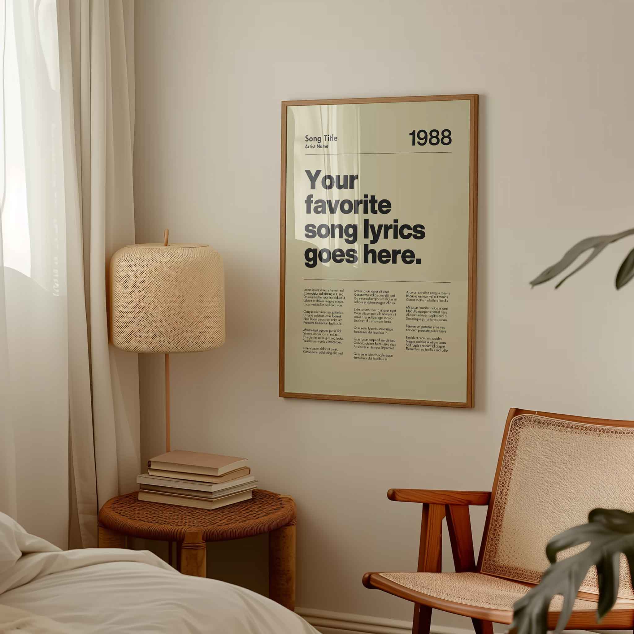 a bedroom with a poster hanging on the wall