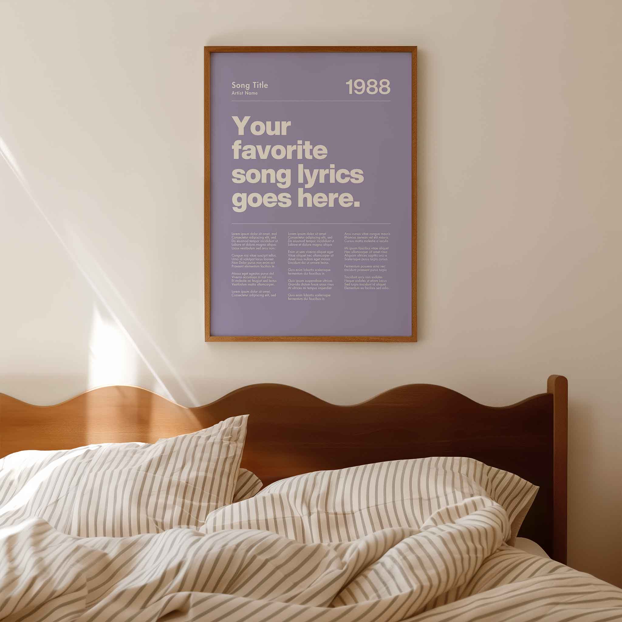 a poster hanging on the wall above a bed