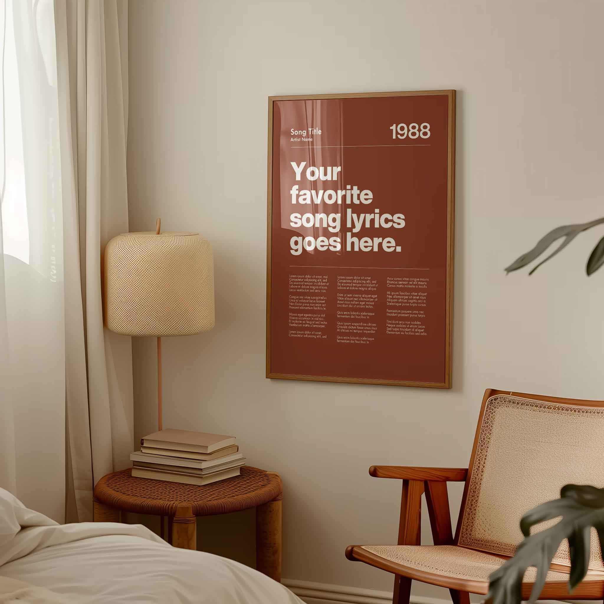 a bedroom with a poster on the wall