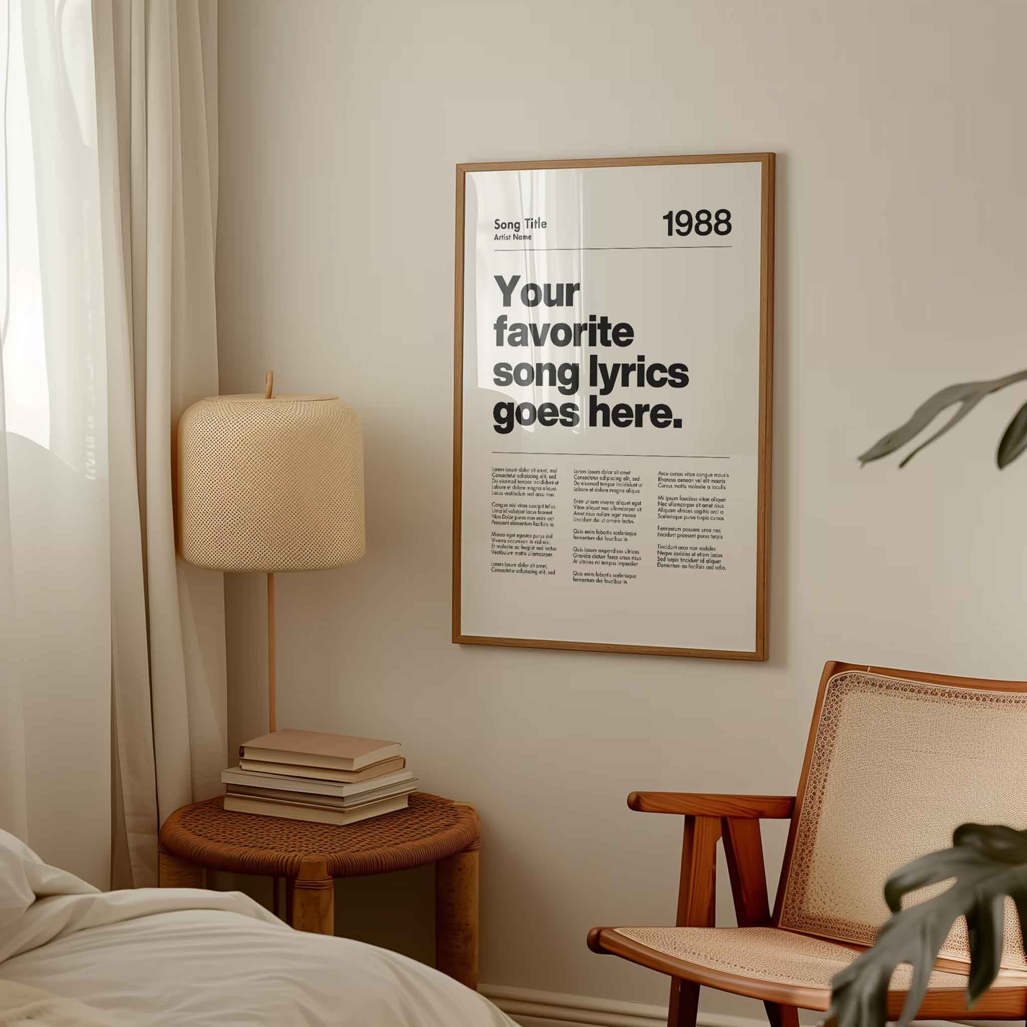 a bedroom with a poster hanging on the wall