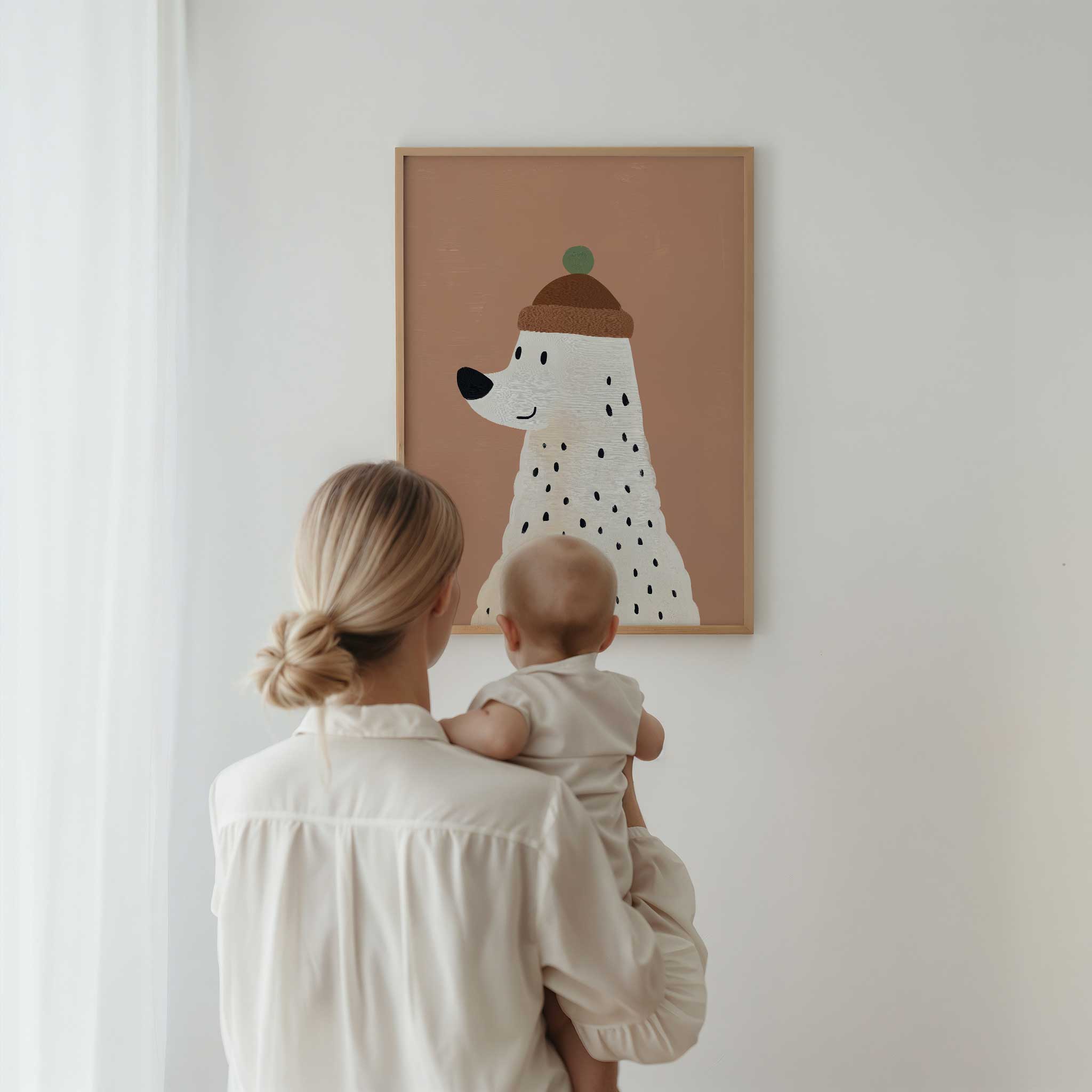 Cozy Winter Buddy Polar Bear in beanie, charming aesthetic print for winter themed nursery