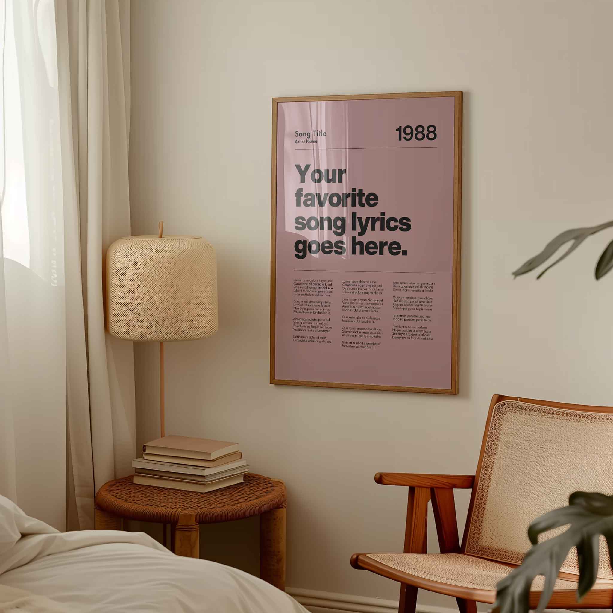 a bedroom with a poster hanging on the wall
