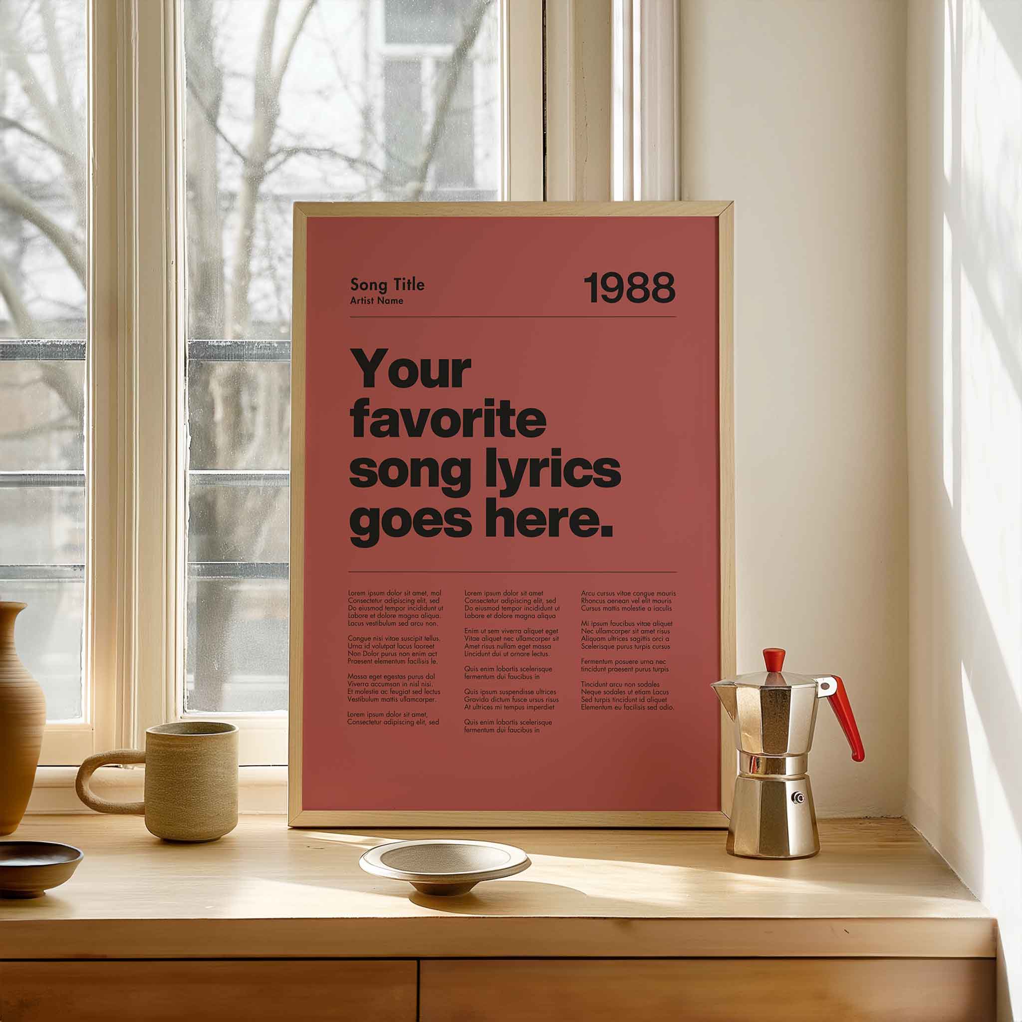 a poster on a table next to a window
