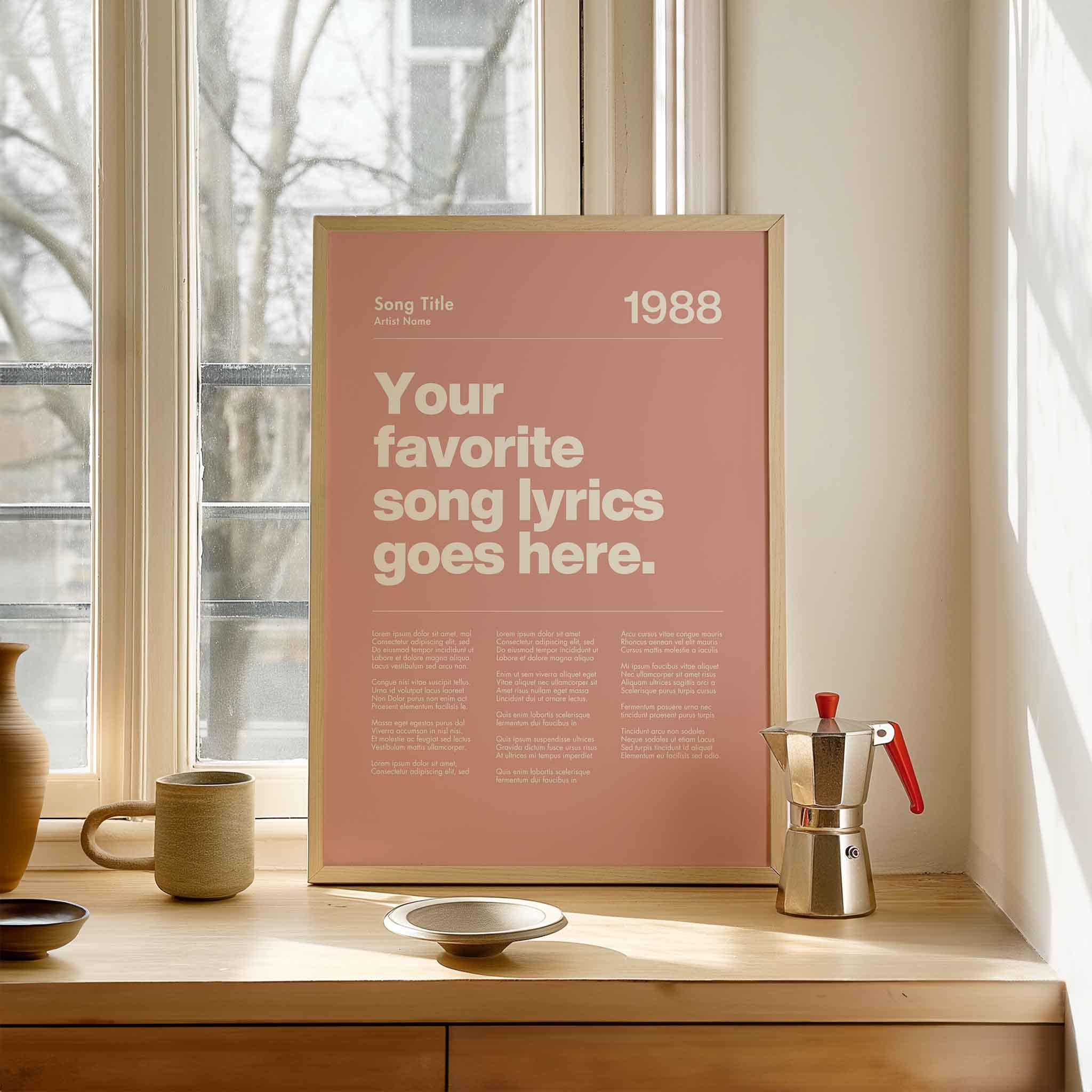 a pink poster sitting on top of a wooden table