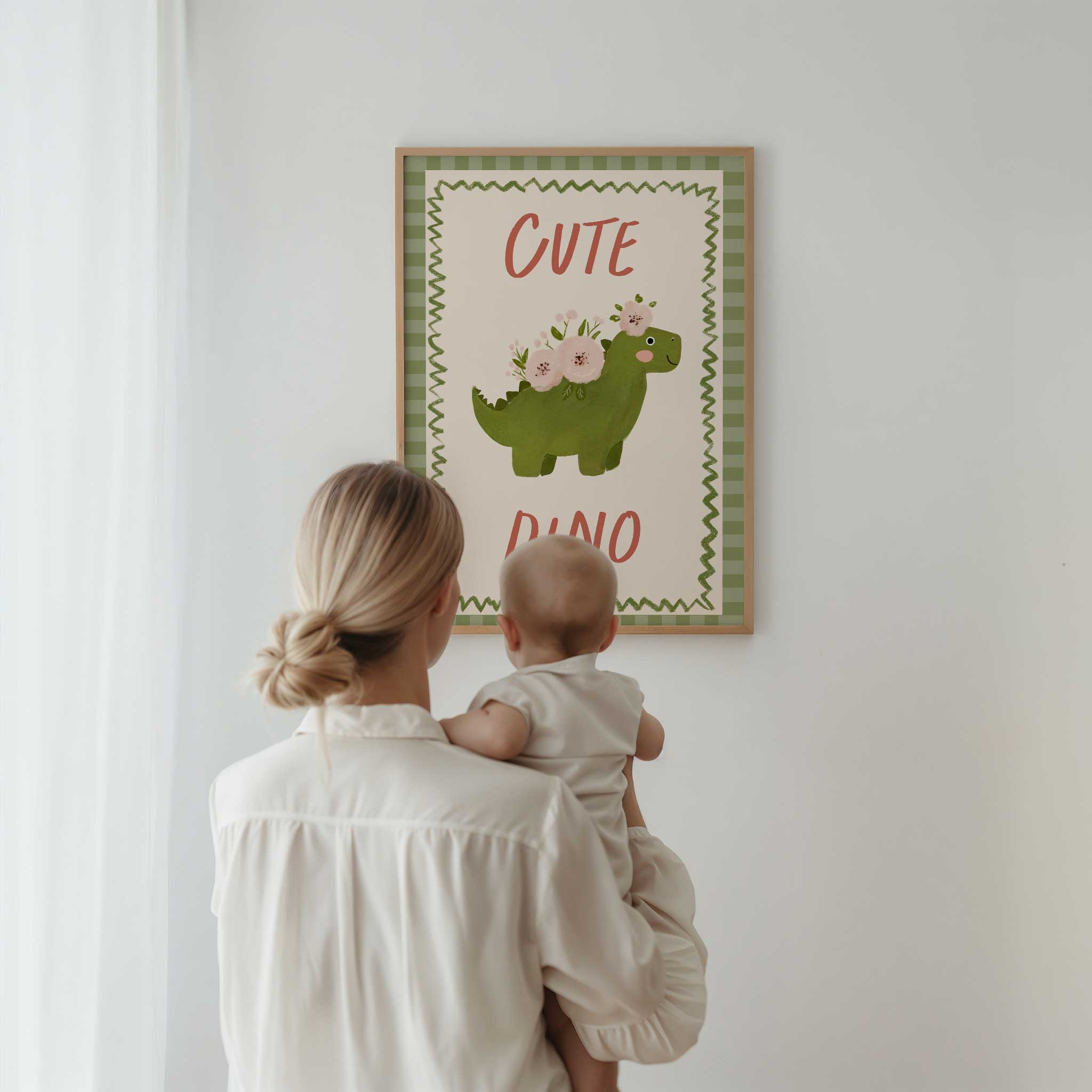 Playful Cute Dino with soft florals, sweet minimalist print for whimsical dino-loving playroom