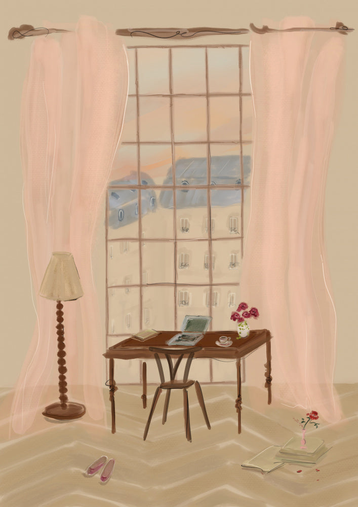 Paris Window View Illustration with Rustic Desk
