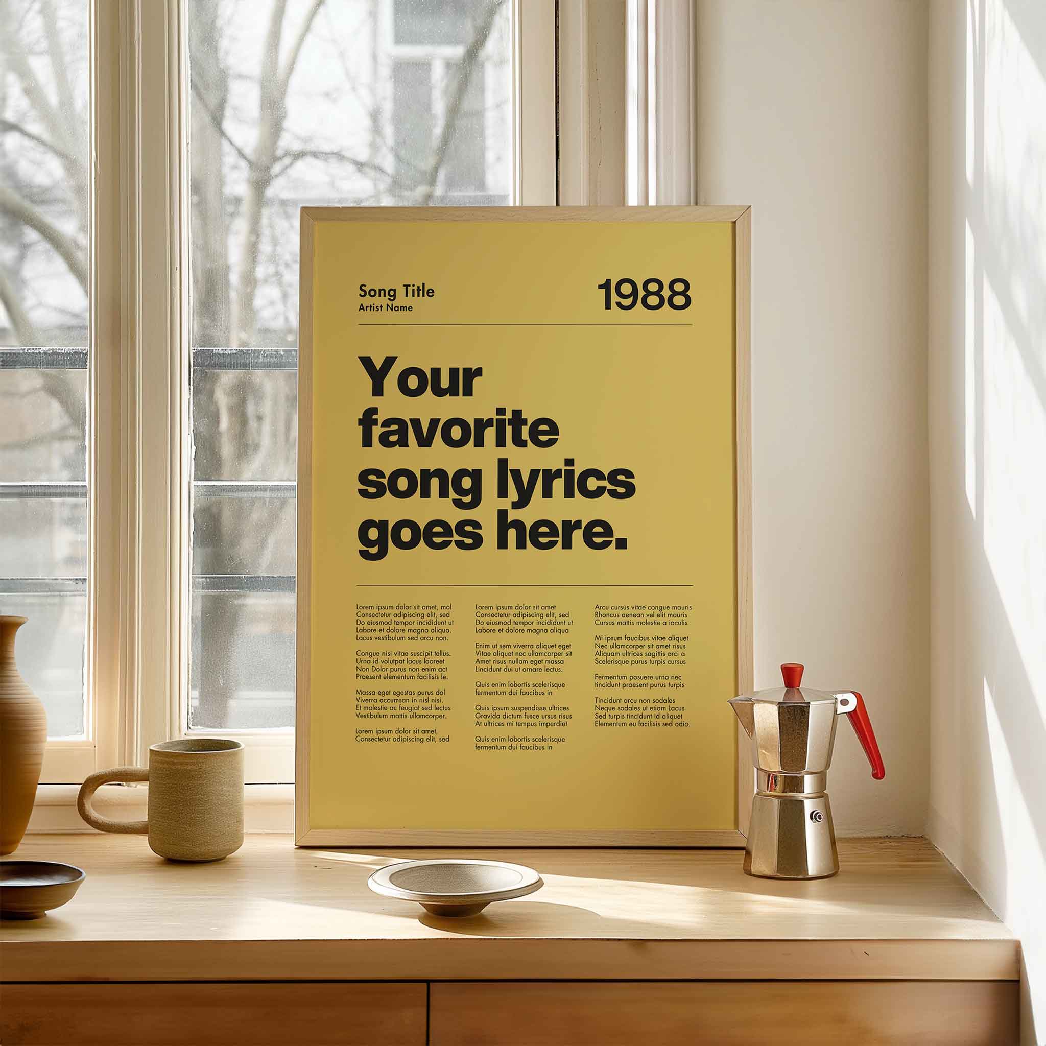 a yellow poster sitting on top of a wooden table