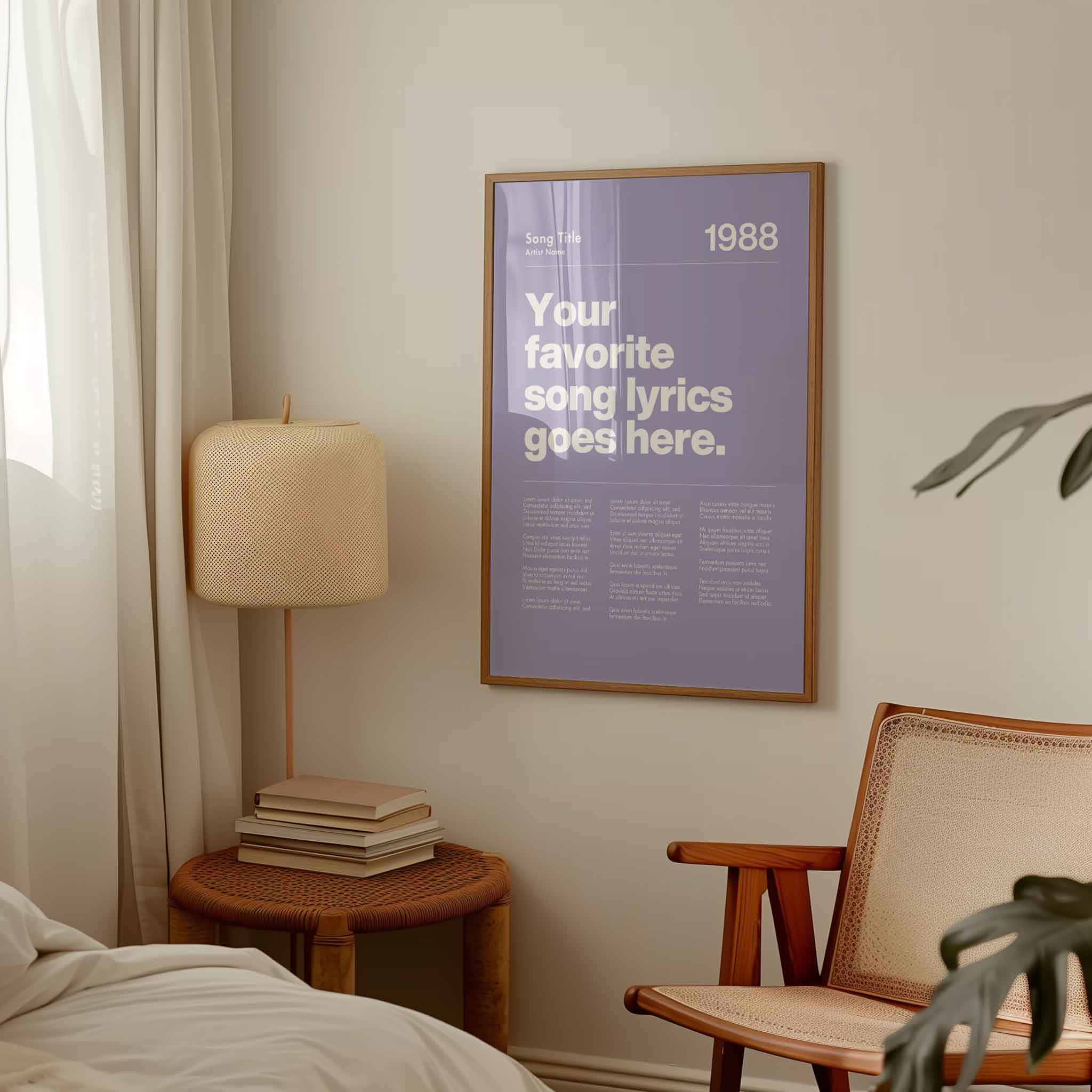 a bedroom with a poster hanging on the wall